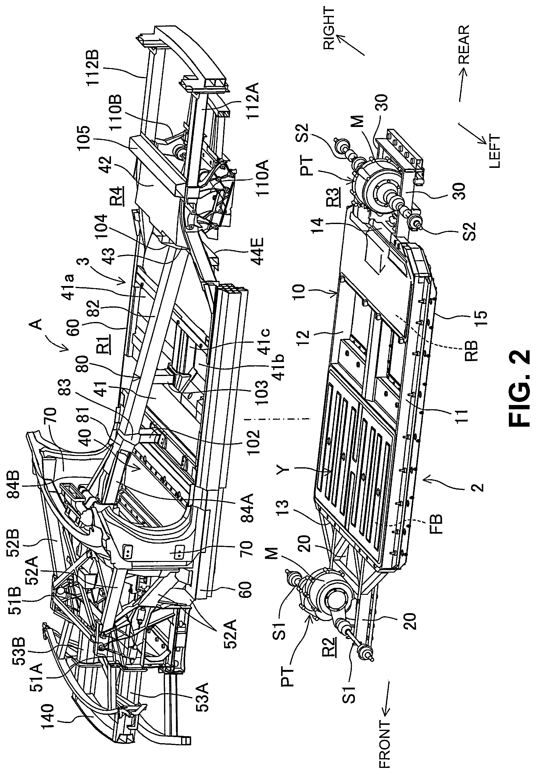 Patent US12304568 Figure 2 – Vehicle-body structure including a center frame with a downward tilt