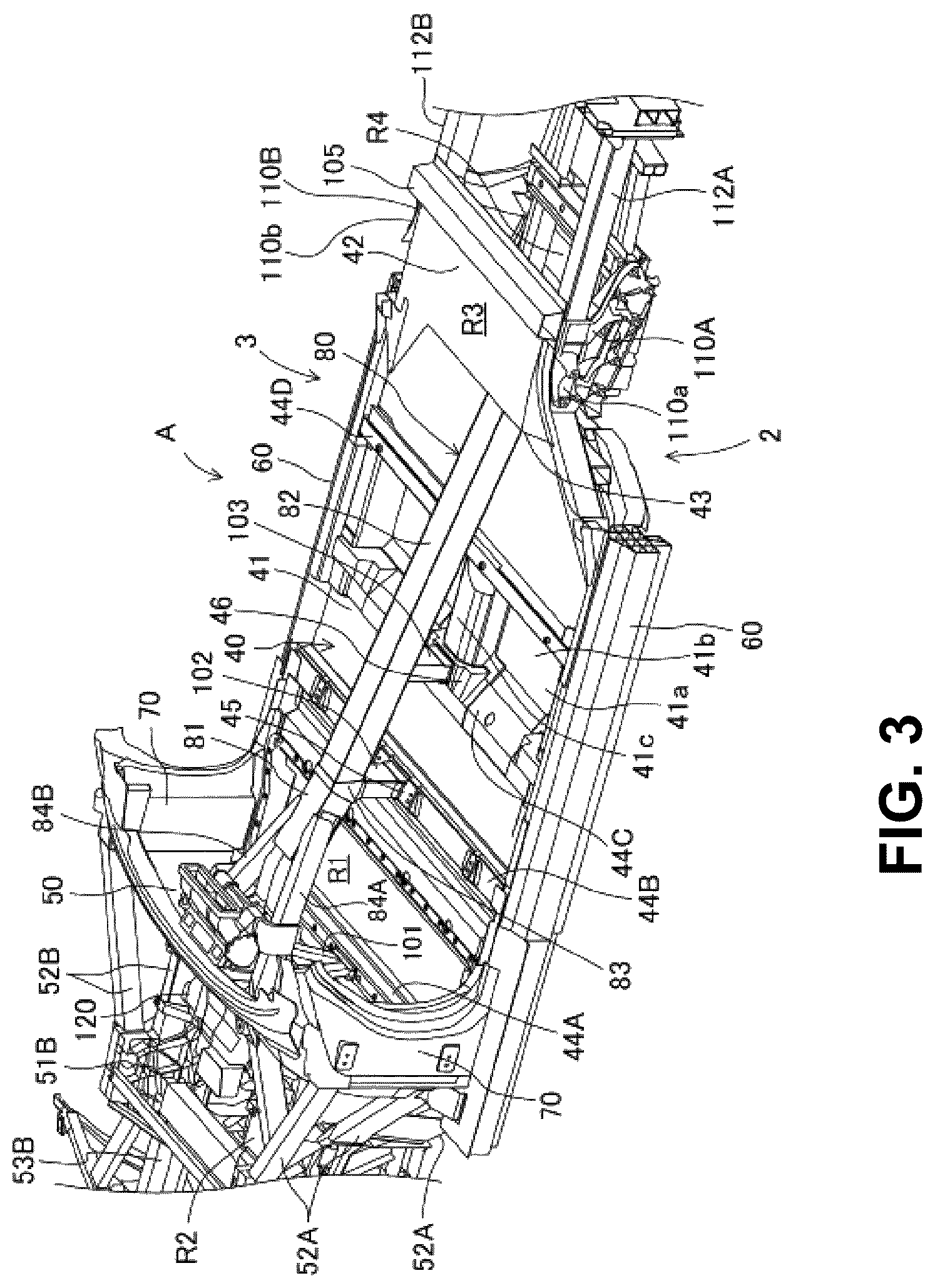 Patent US12304568 Figure 3 – Vehicle-body structure including a center frame with a downward tilt