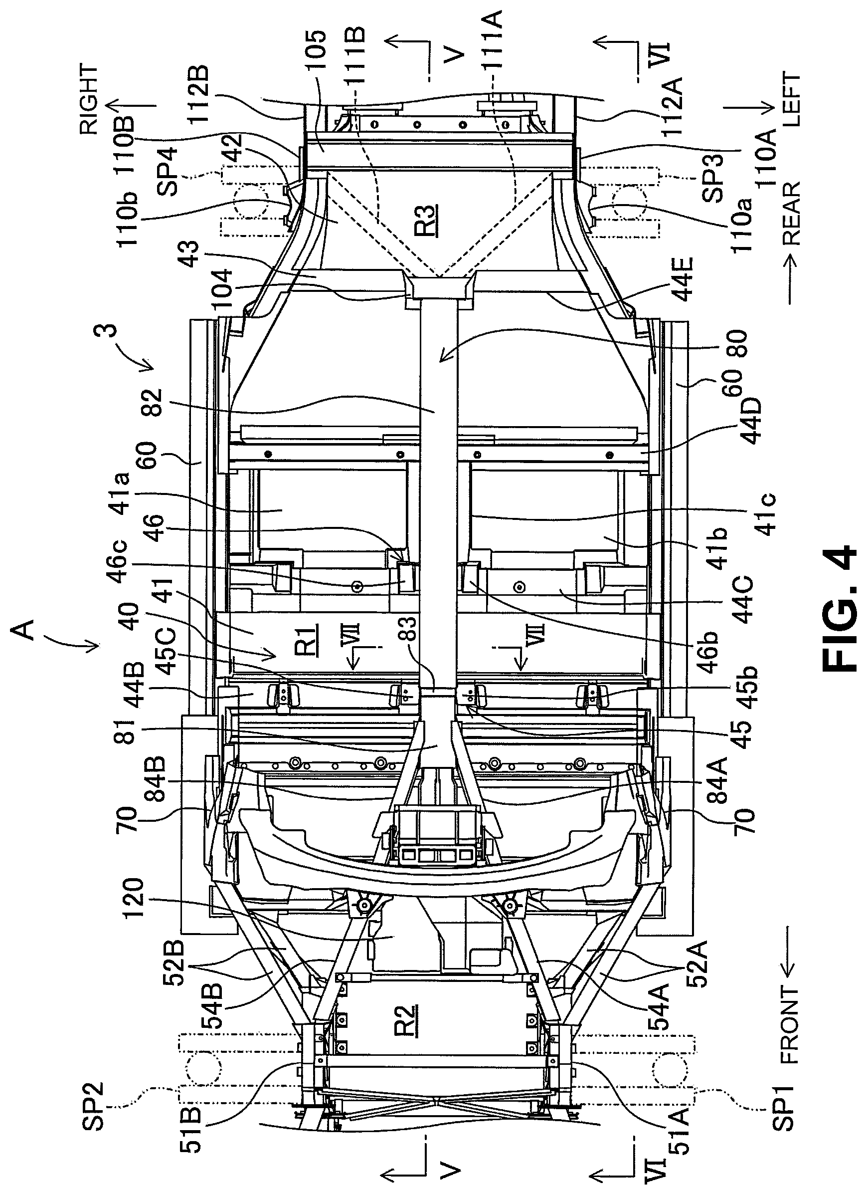 Patent US12304568 Figure 4 – Vehicle-body structure including a center frame with a downward tilt
