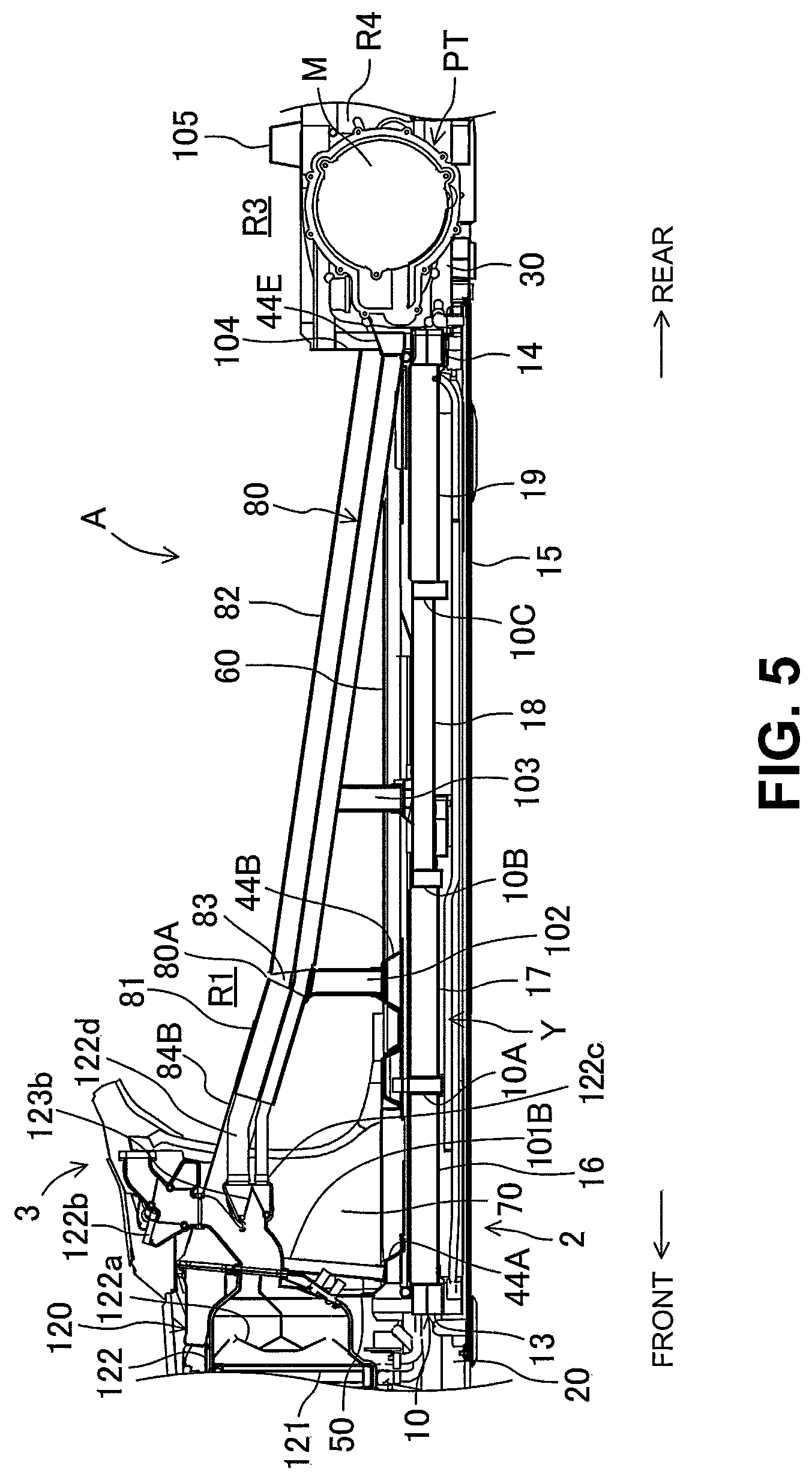 Patent US12304568 Figure 5 – Vehicle-body structure including a center frame with a downward tilt
