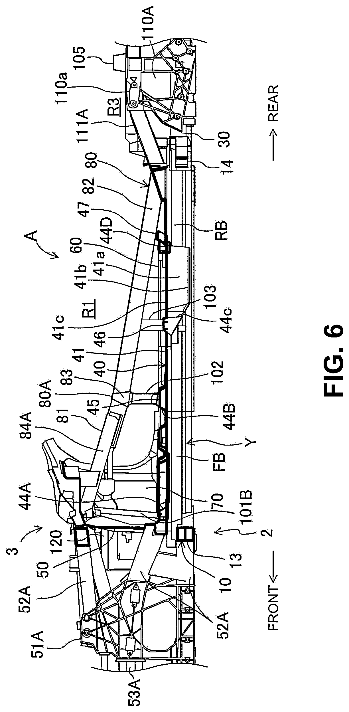 Patent US12304568 Figure 6 – Vehicle-body structure including a center frame with a downward tilt