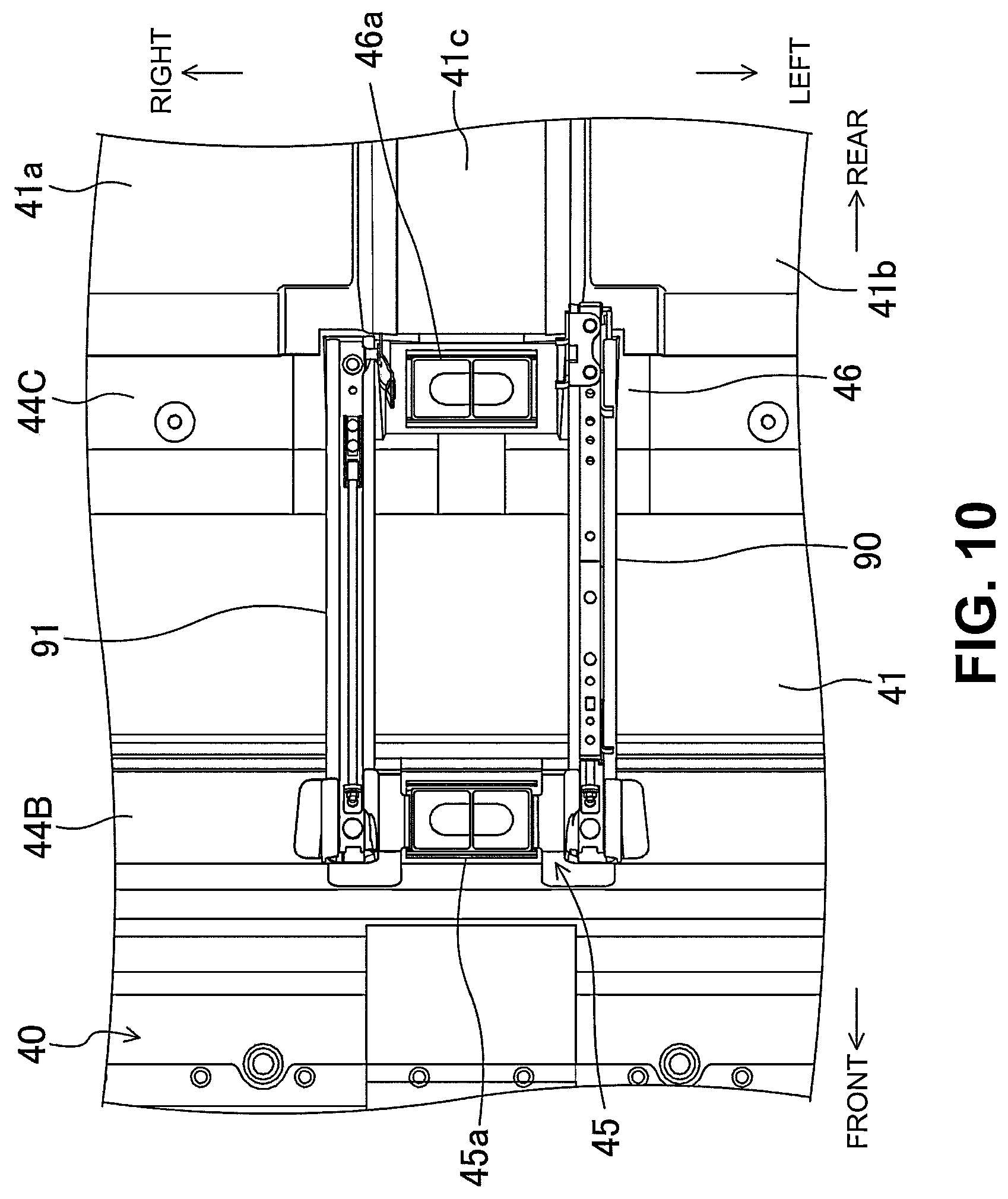 Patent US12304568 Figure 10 – Vehicle-body structure including a center frame with a downward tilt