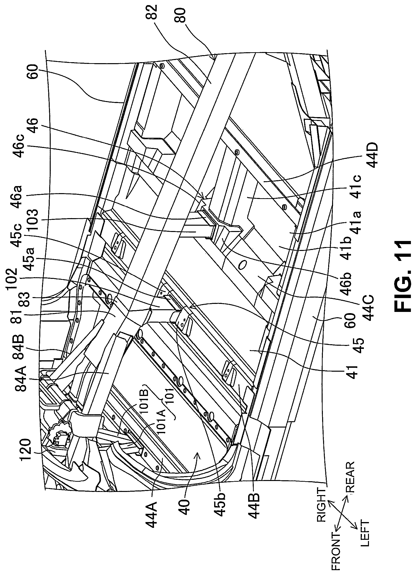 Patent US12304568 Figure 11 – Vehicle-body structure including a center frame with a downward tilt