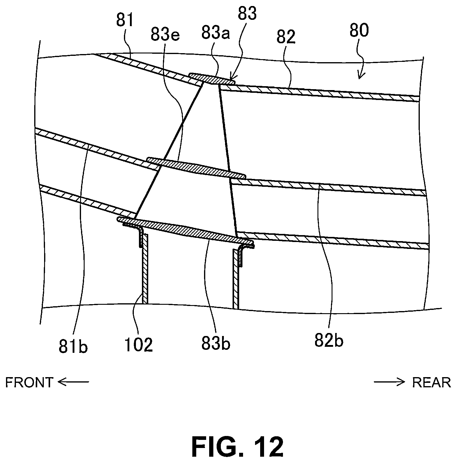 Patent US12304568 Figure 12 – Vehicle-body structure including a center frame with a downward tilt