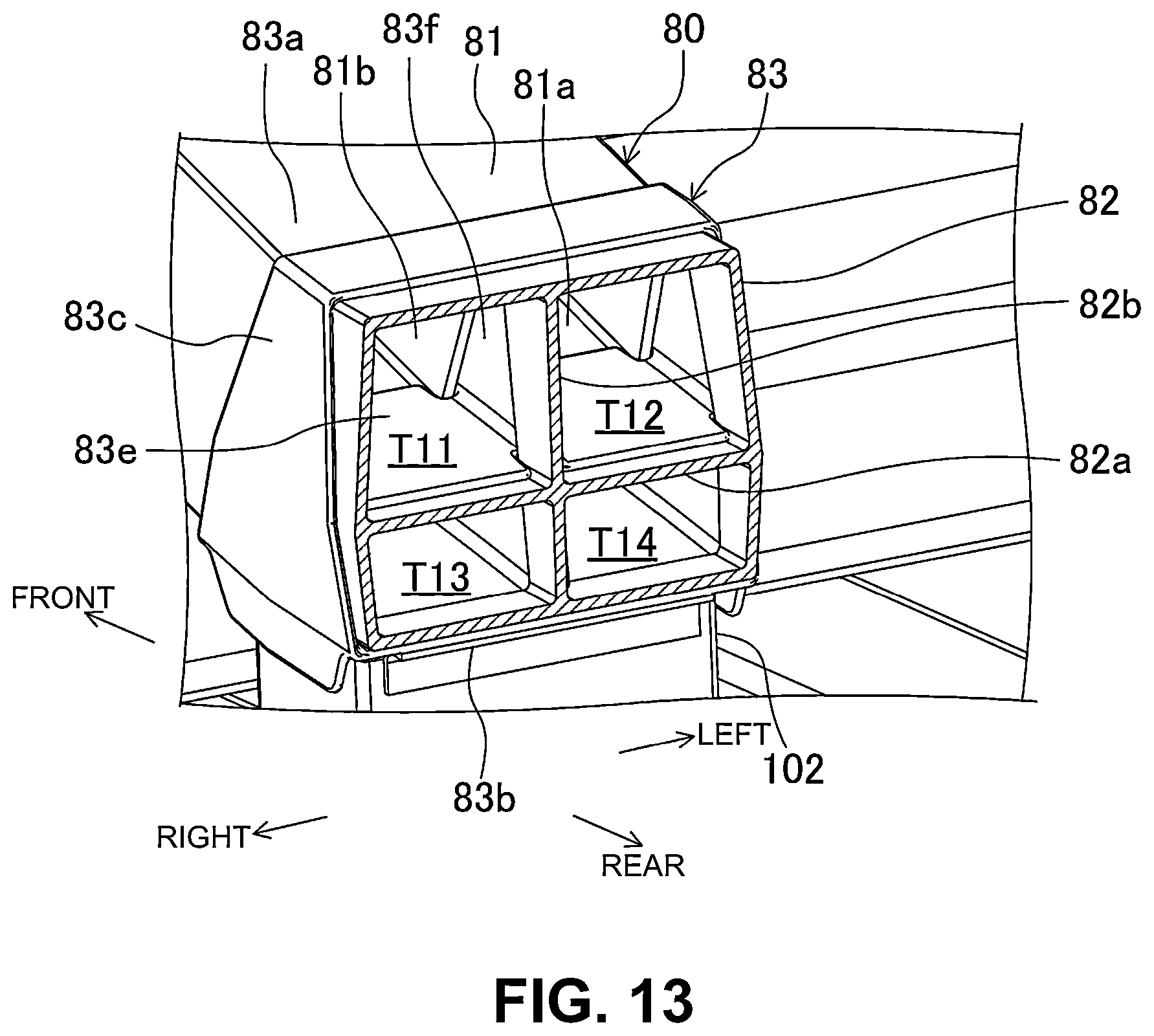 Patent US12304568 Figure 13 – Vehicle-body structure including a center frame with a downward tilt