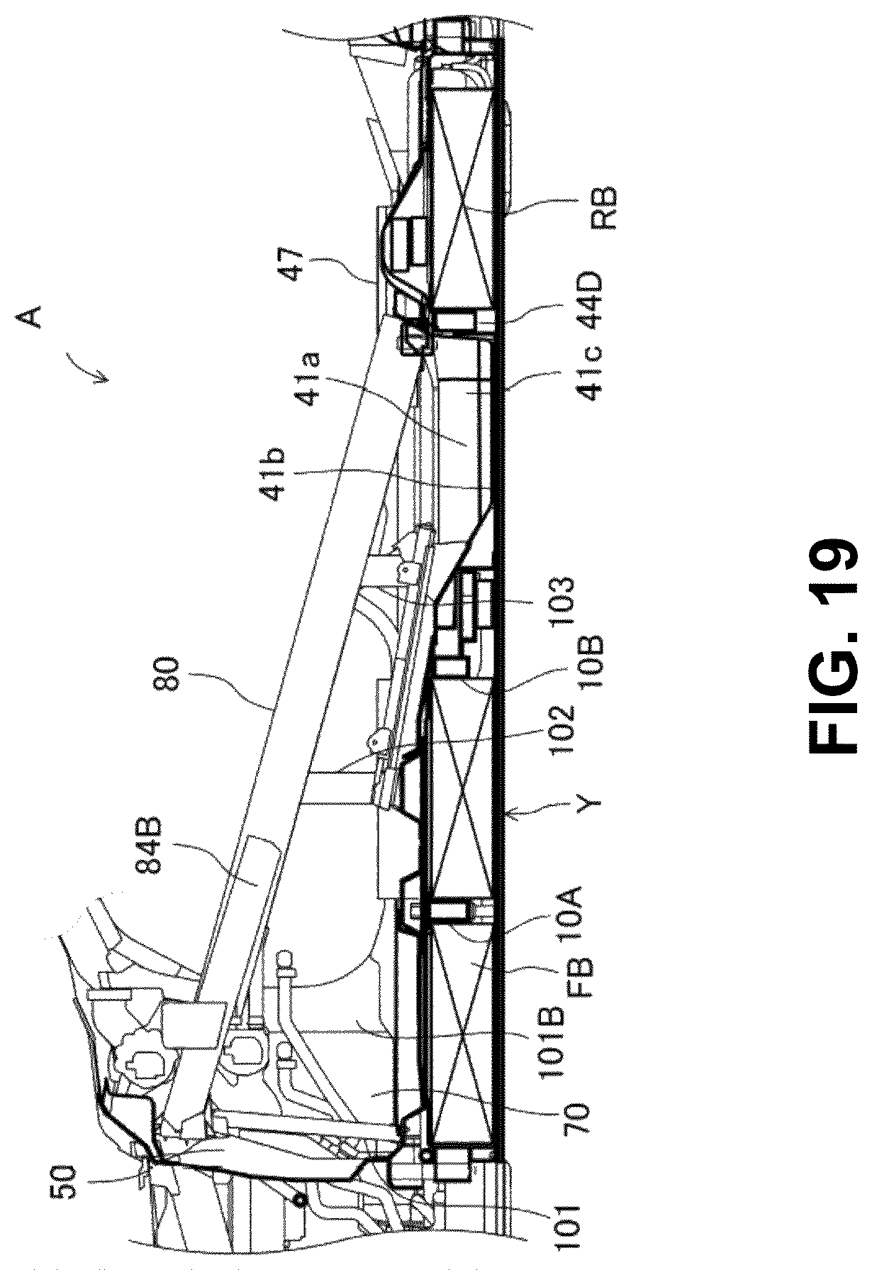 Patent US12304568 Figure 19 – Vehicle-body structure including a center frame with a downward tilt