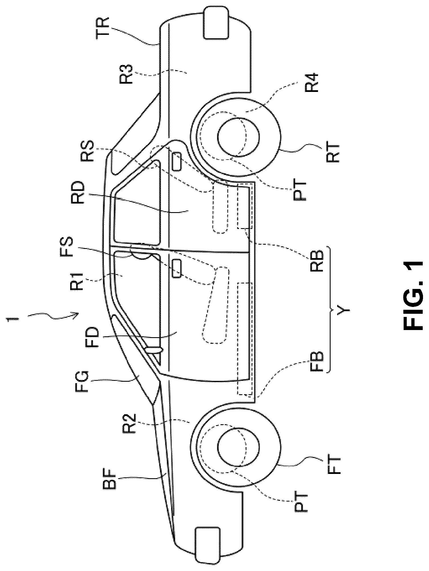 Patent US12304569 Figure 1 – Electric-vehicle-body structure having a center frame that is higher than a floor panel