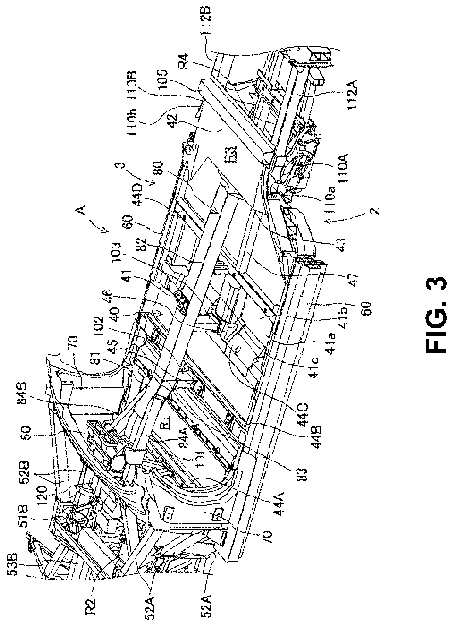 Patent US12304569 Figure 3 – Electric-vehicle-body structure having a center frame that is higher than a floor panel