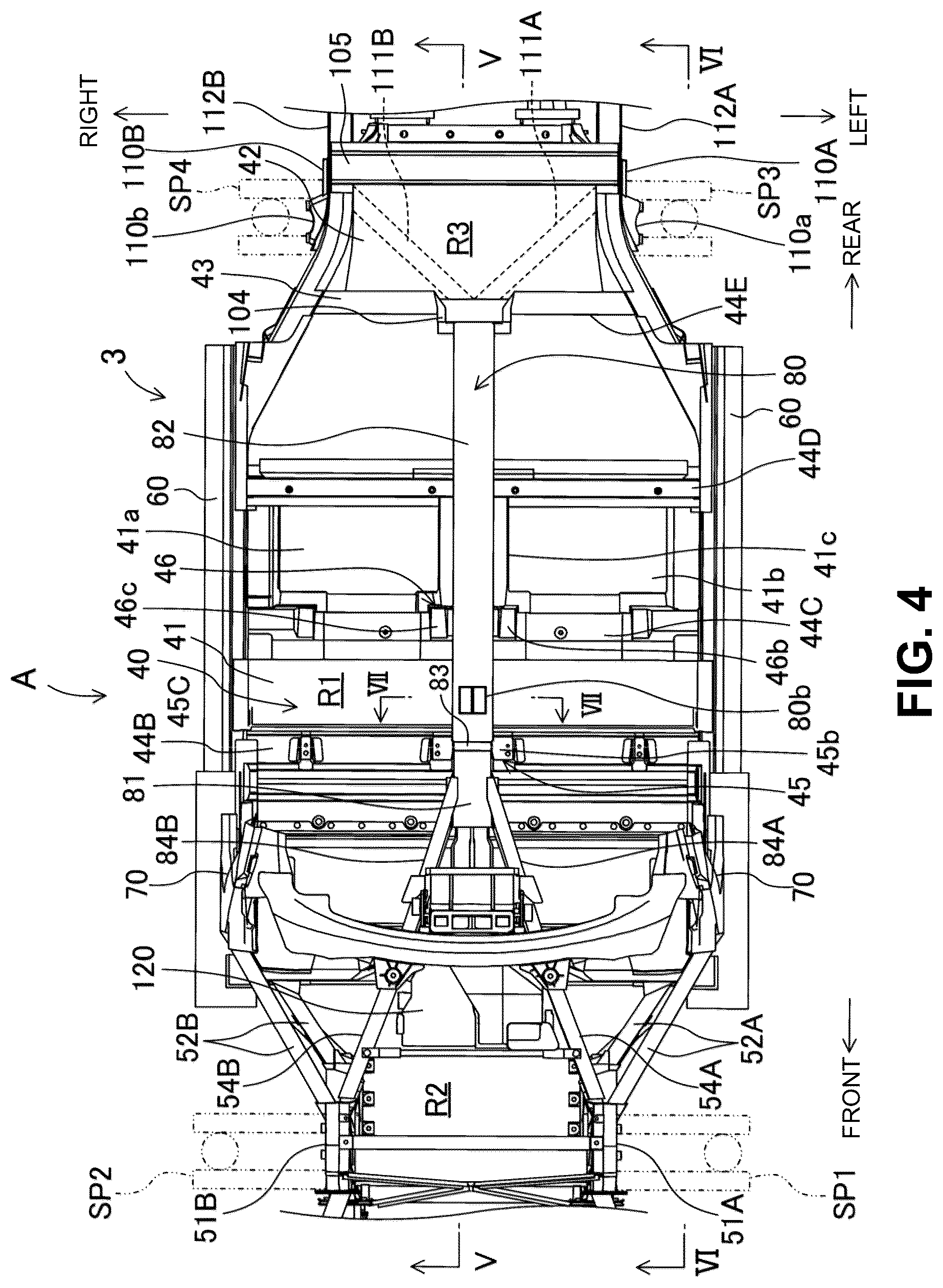 Patent US12304569 Figure 4 – Electric-vehicle-body structure having a center frame that is higher than a floor panel
