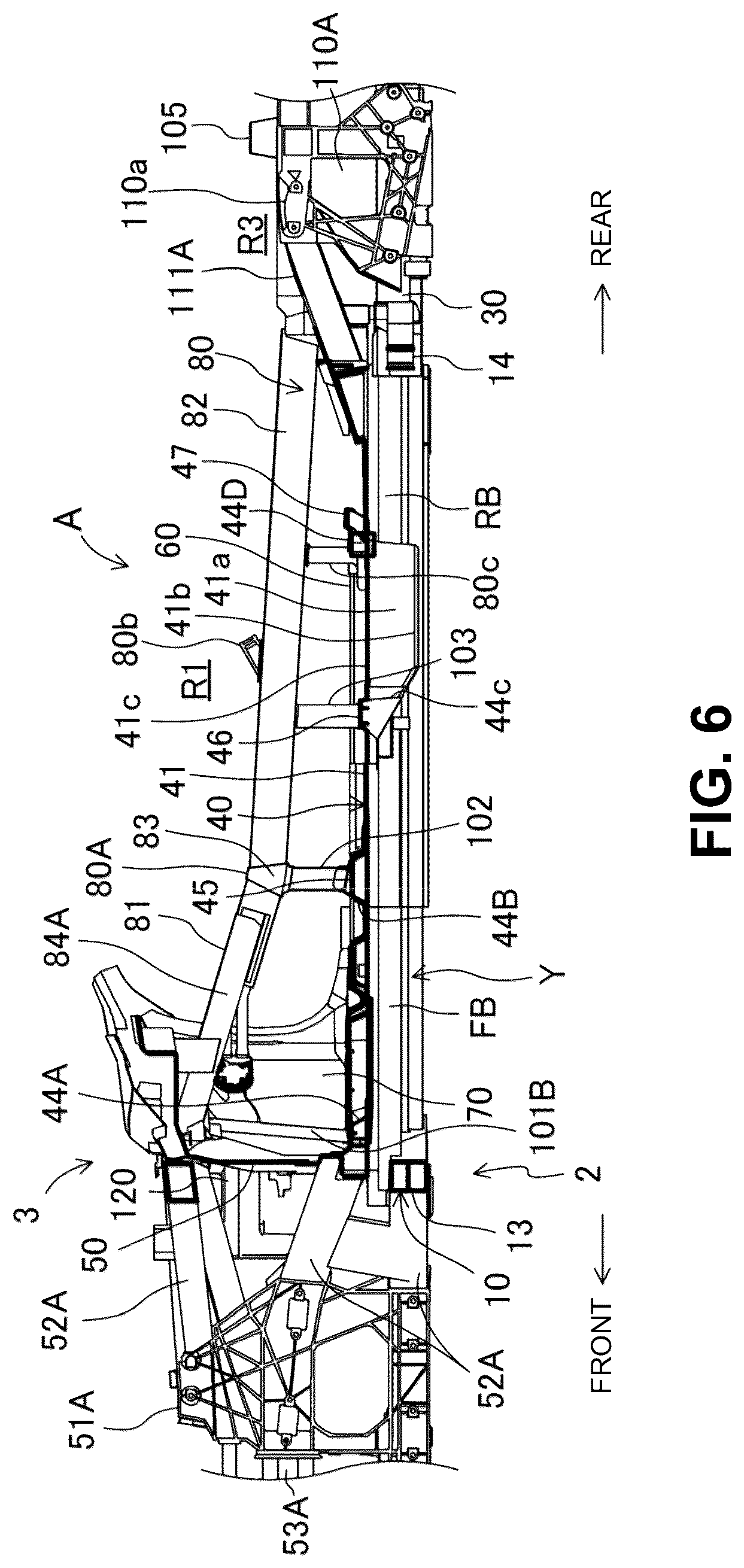 Patent US12304569 Figure 6 – Electric-vehicle-body structure having a center frame that is higher than a floor panel