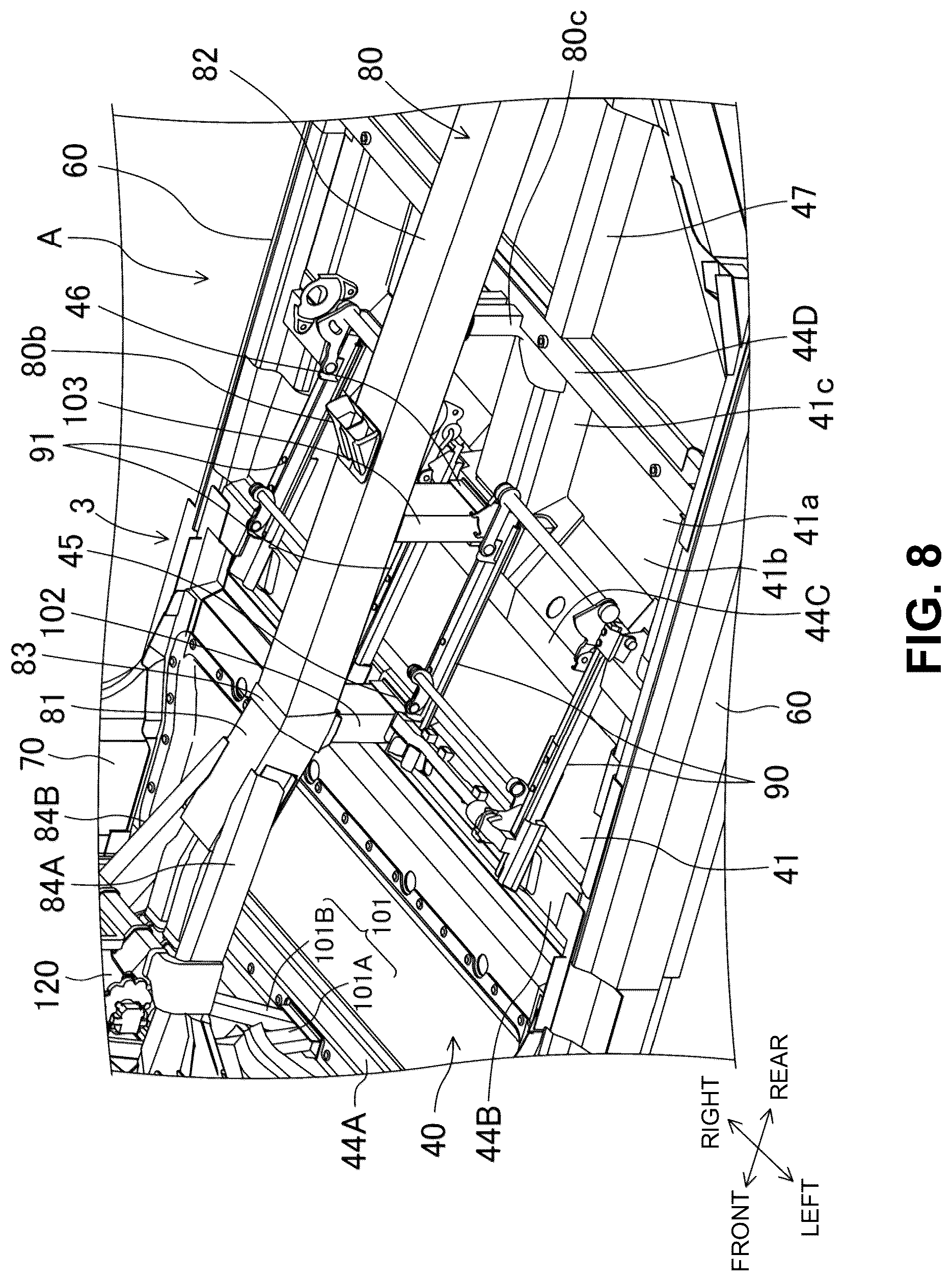 Patent US12304569 Figure 8 – Electric-vehicle-body structure having a center frame that is higher than a floor panel