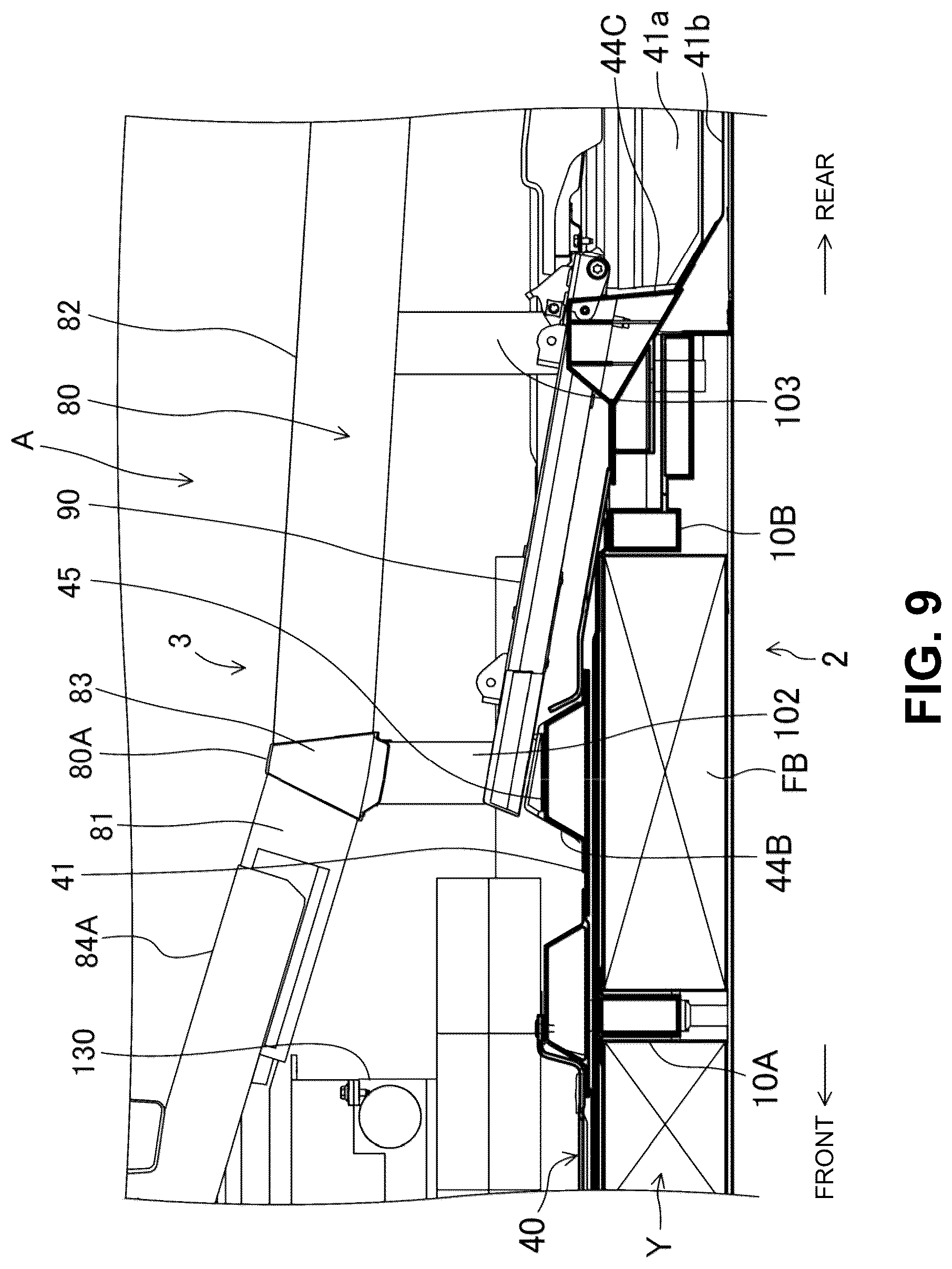 Patent US12304569 Figure 9 – Electric-vehicle-body structure having a center frame that is higher than a floor panel