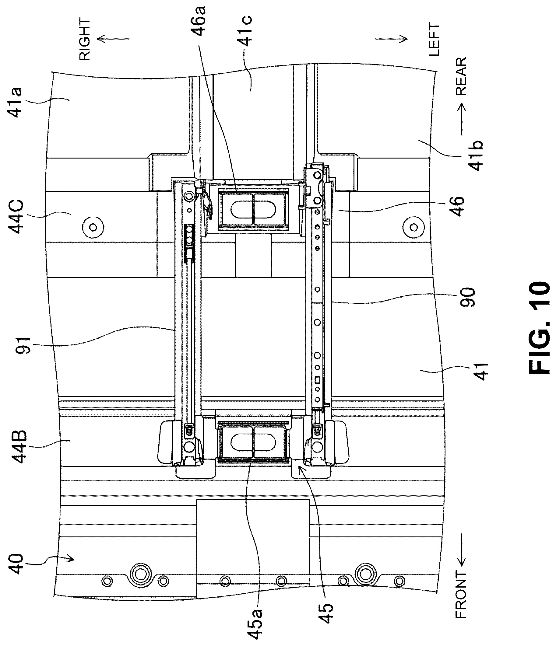 Patent US12304569 Figure 10 – Electric-vehicle-body structure having a center frame that is higher than a floor panel