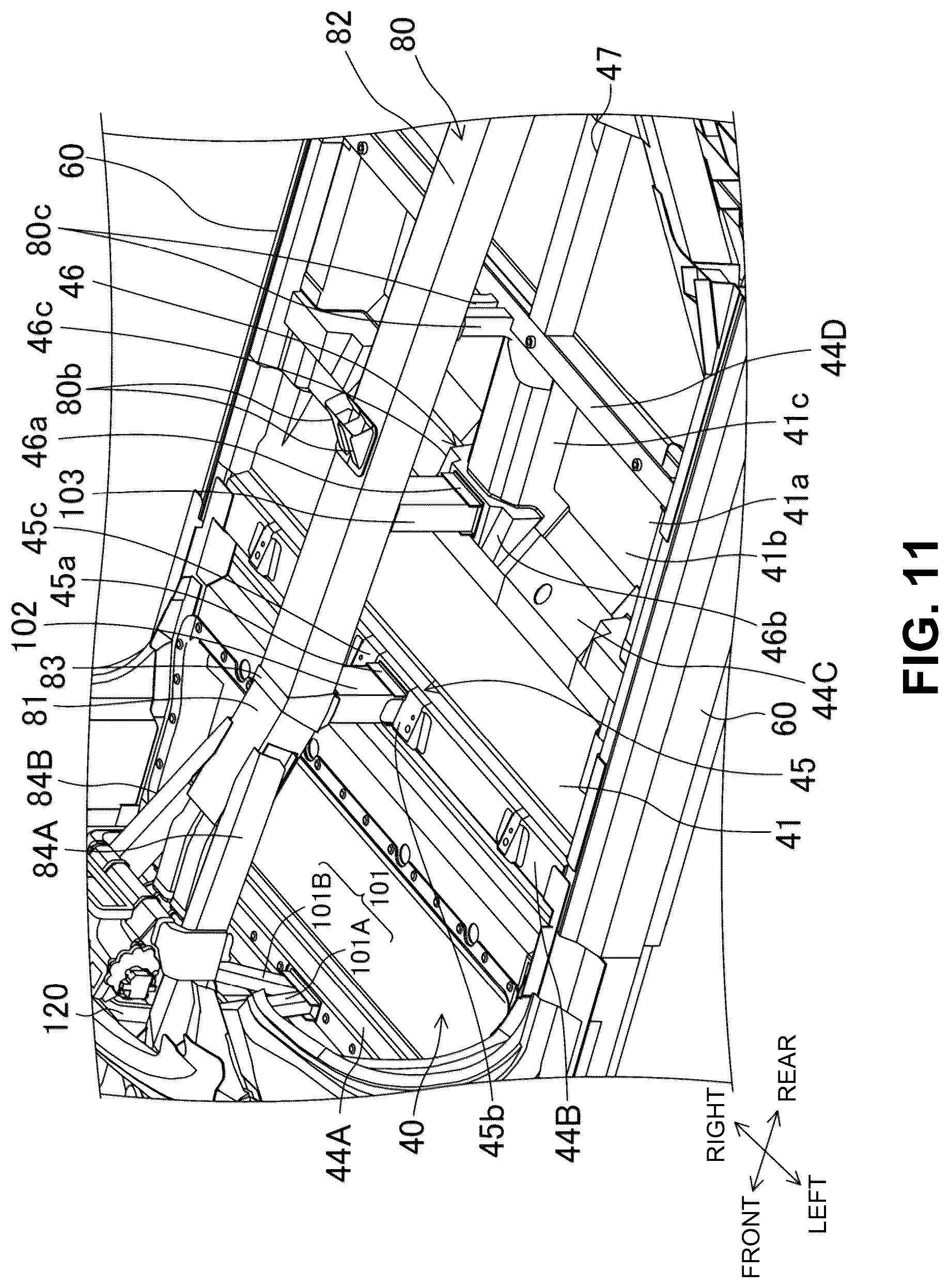 Patent US12304569 Figure 11 – Electric-vehicle-body structure having a center frame that is higher than a floor panel