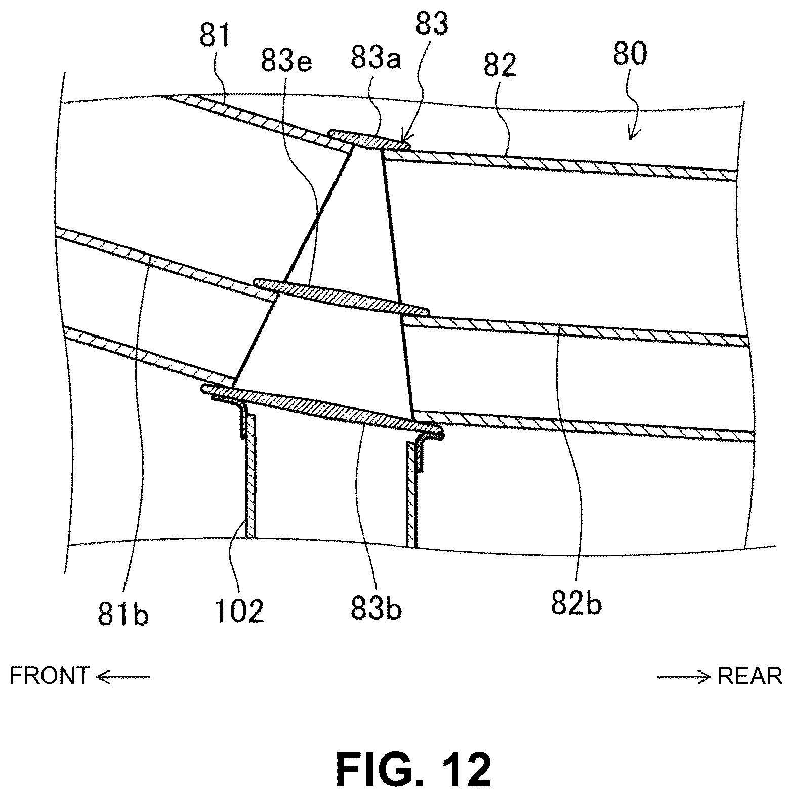 Patent US12304569 Figure 12 – Electric-vehicle-body structure having a center frame that is higher than a floor panel