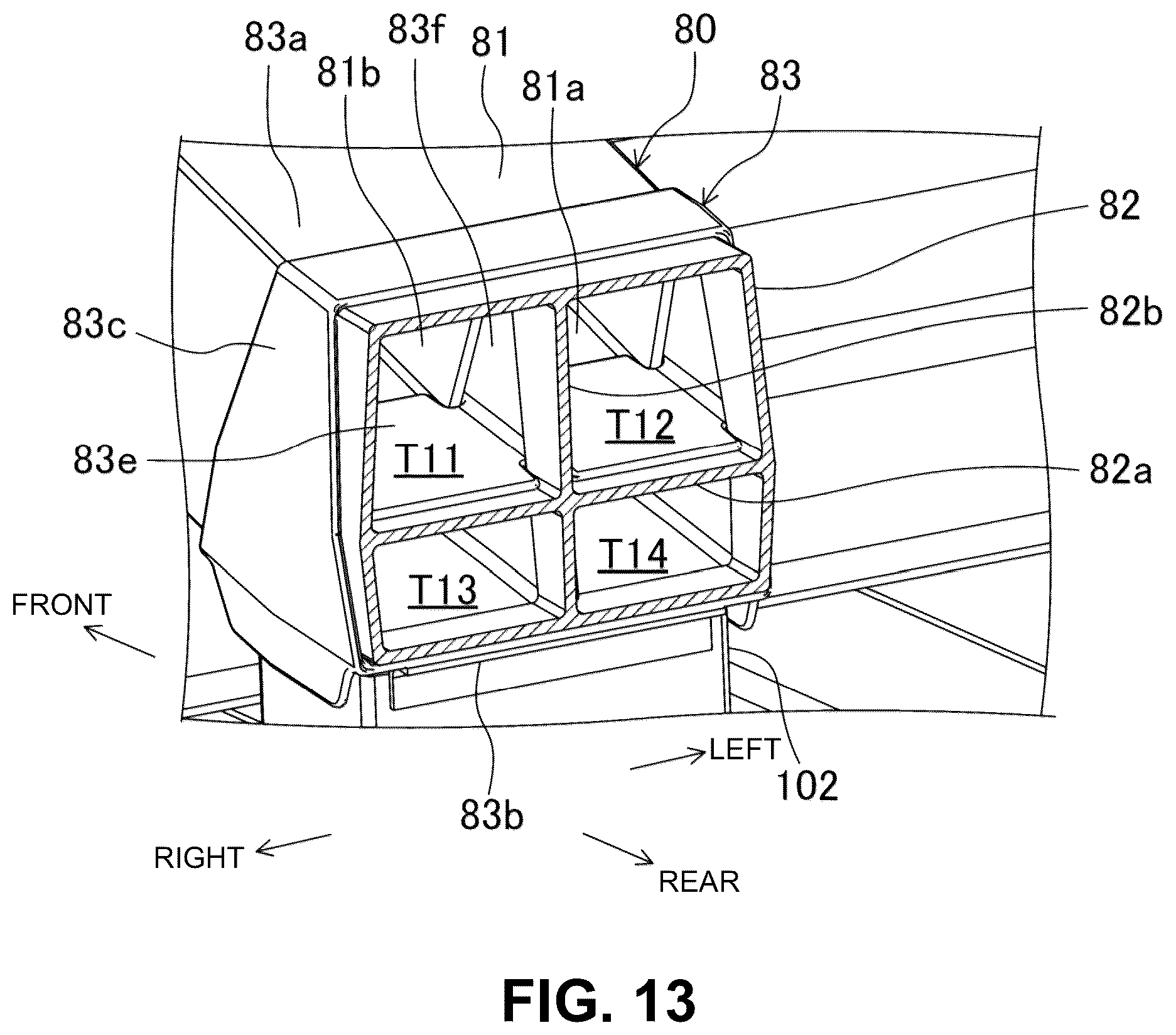 Patent US12304569 Figure 13 – Electric-vehicle-body structure having a center frame that is higher than a floor panel