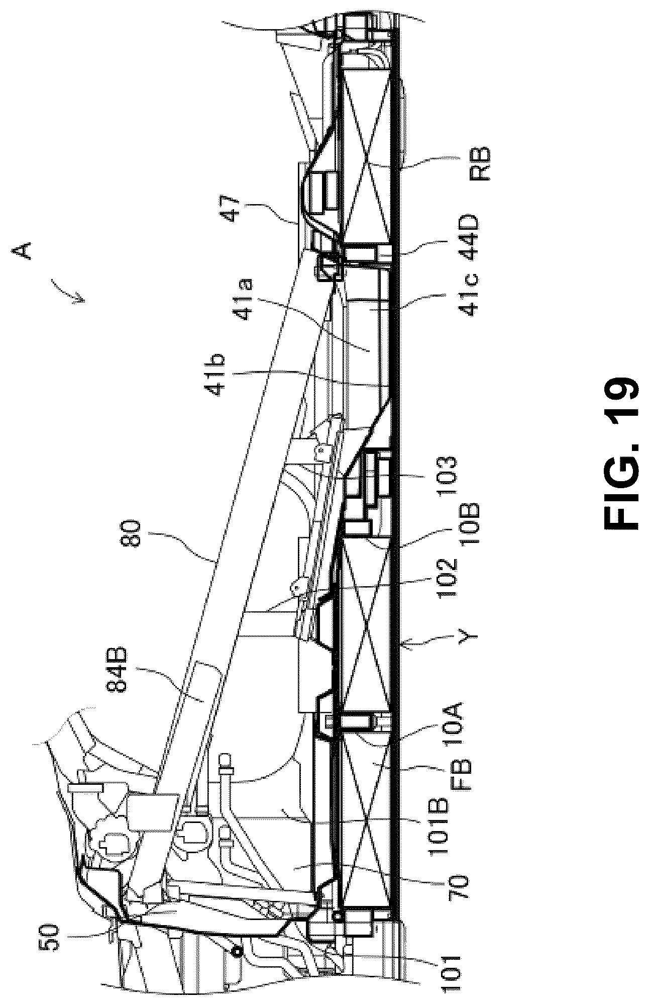 Patent US12304569 Figure 19 – Electric-vehicle-body structure having a center frame that is higher than a floor panel