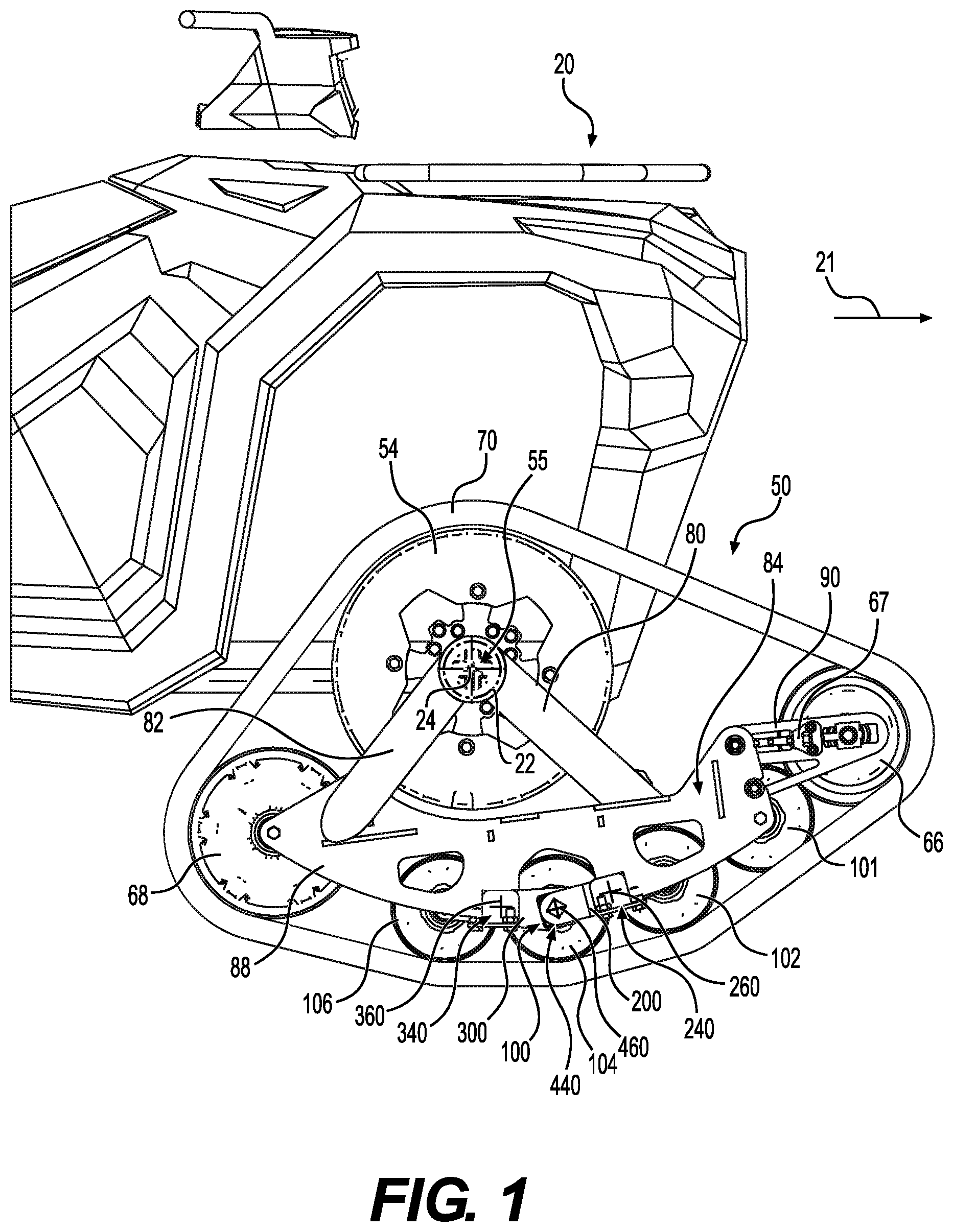 Patent US12304579 Figure 1 – Support structure for connecting a plurality of support wheel assemblies to a frame member of a track system and track system having the same