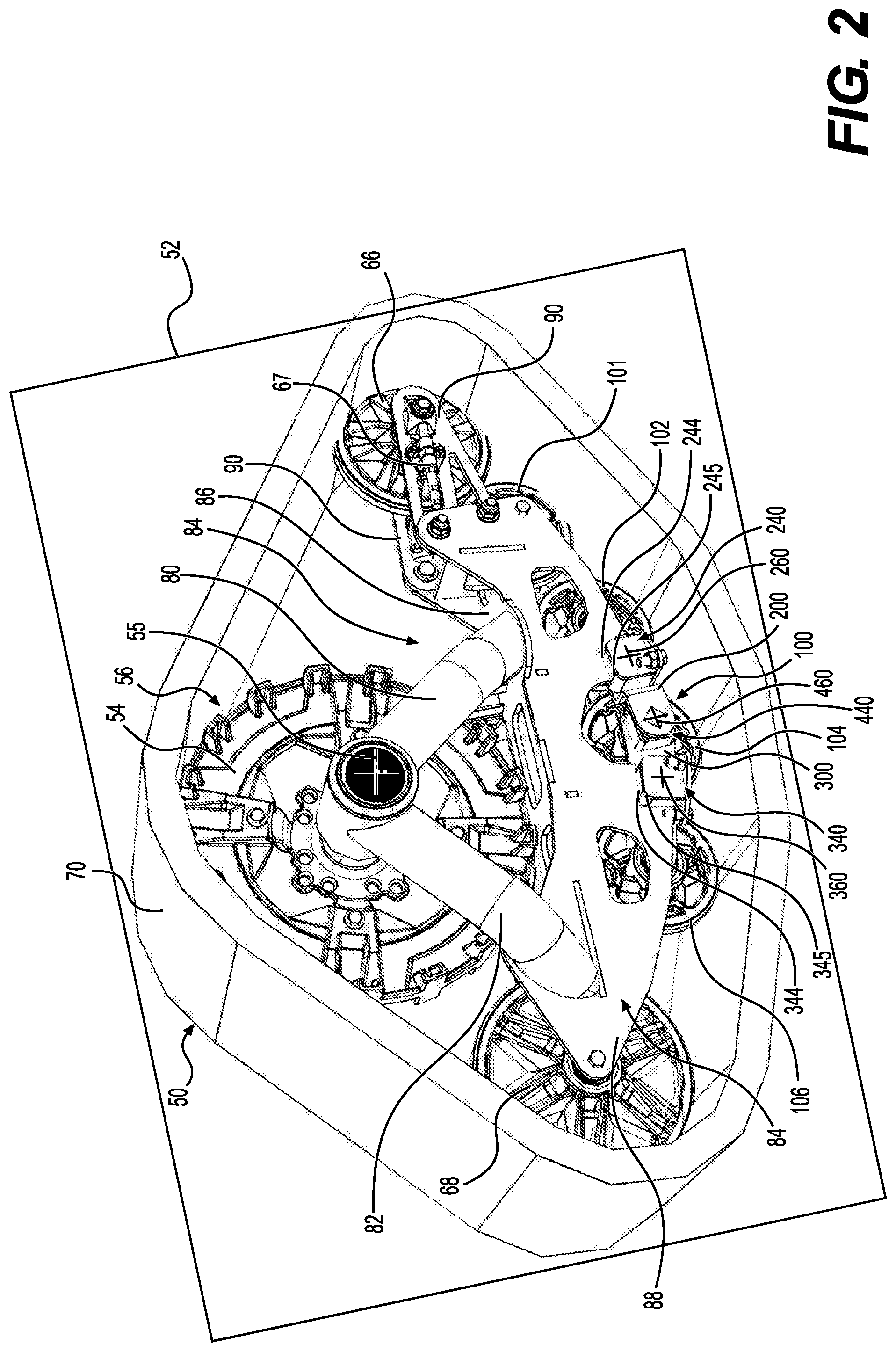 Patent US12304579 Figure 2 – Support structure for connecting a plurality of support wheel assemblies to a frame member of a track system and track system having the same