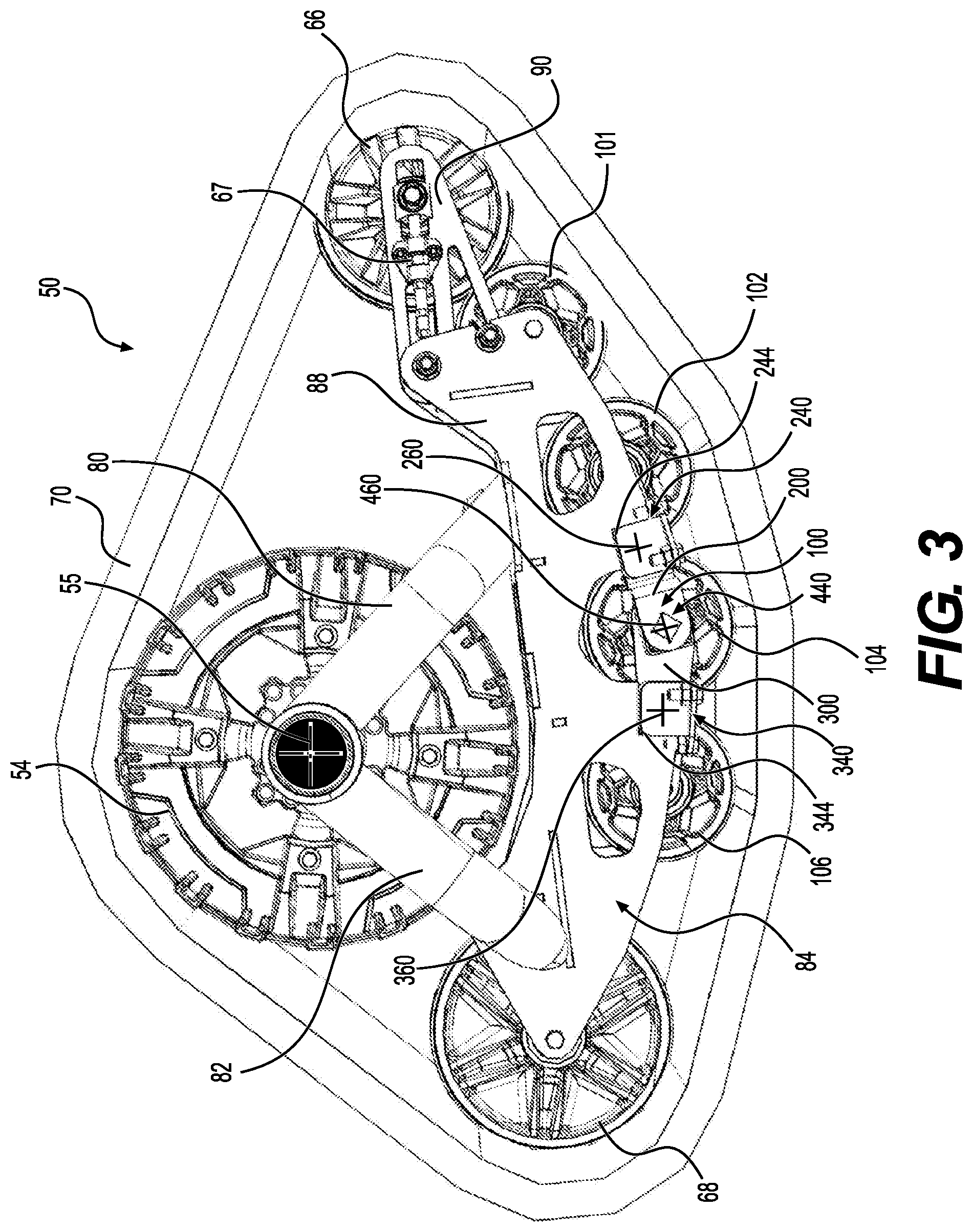 Patent US12304579 Figure 3 – Support structure for connecting a plurality of support wheel assemblies to a frame member of a track system and track system having the same