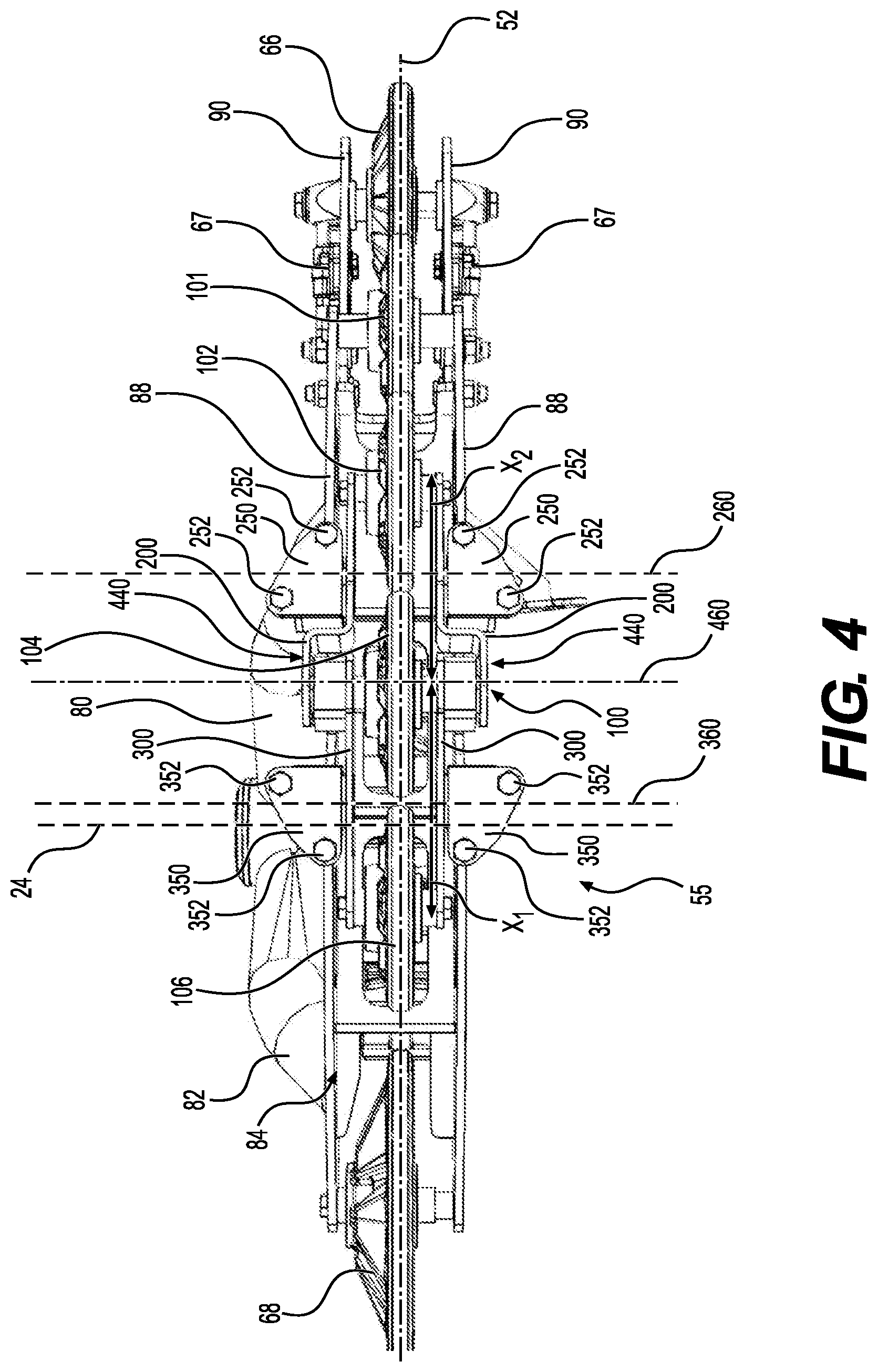 Patent US12304579 Figure 4 – Support structure for connecting a plurality of support wheel assemblies to a frame member of a track system and track system having the same