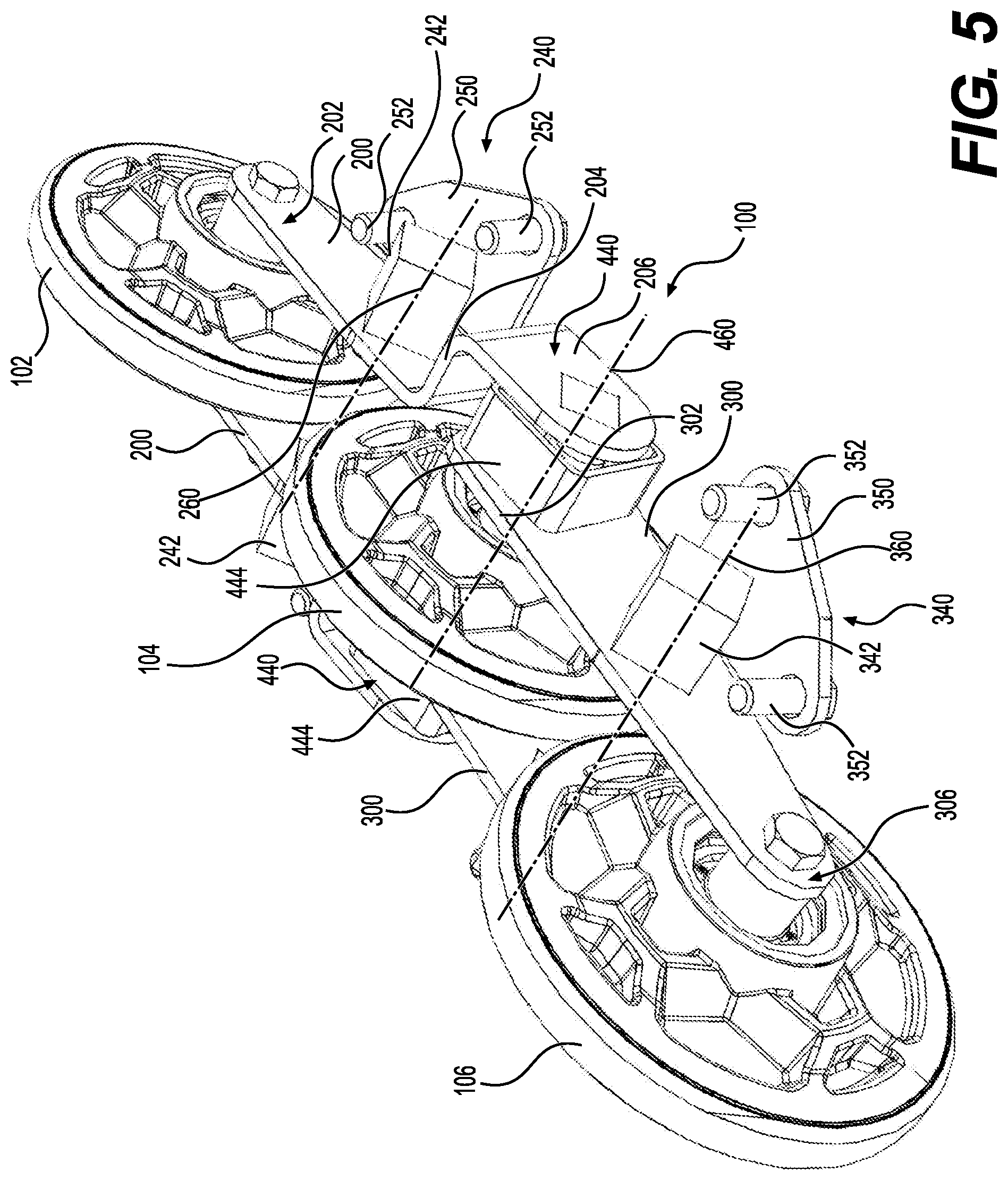 Patent US12304579 Figure 5 – Support structure for connecting a plurality of support wheel assemblies to a frame member of a track system and track system having the same
