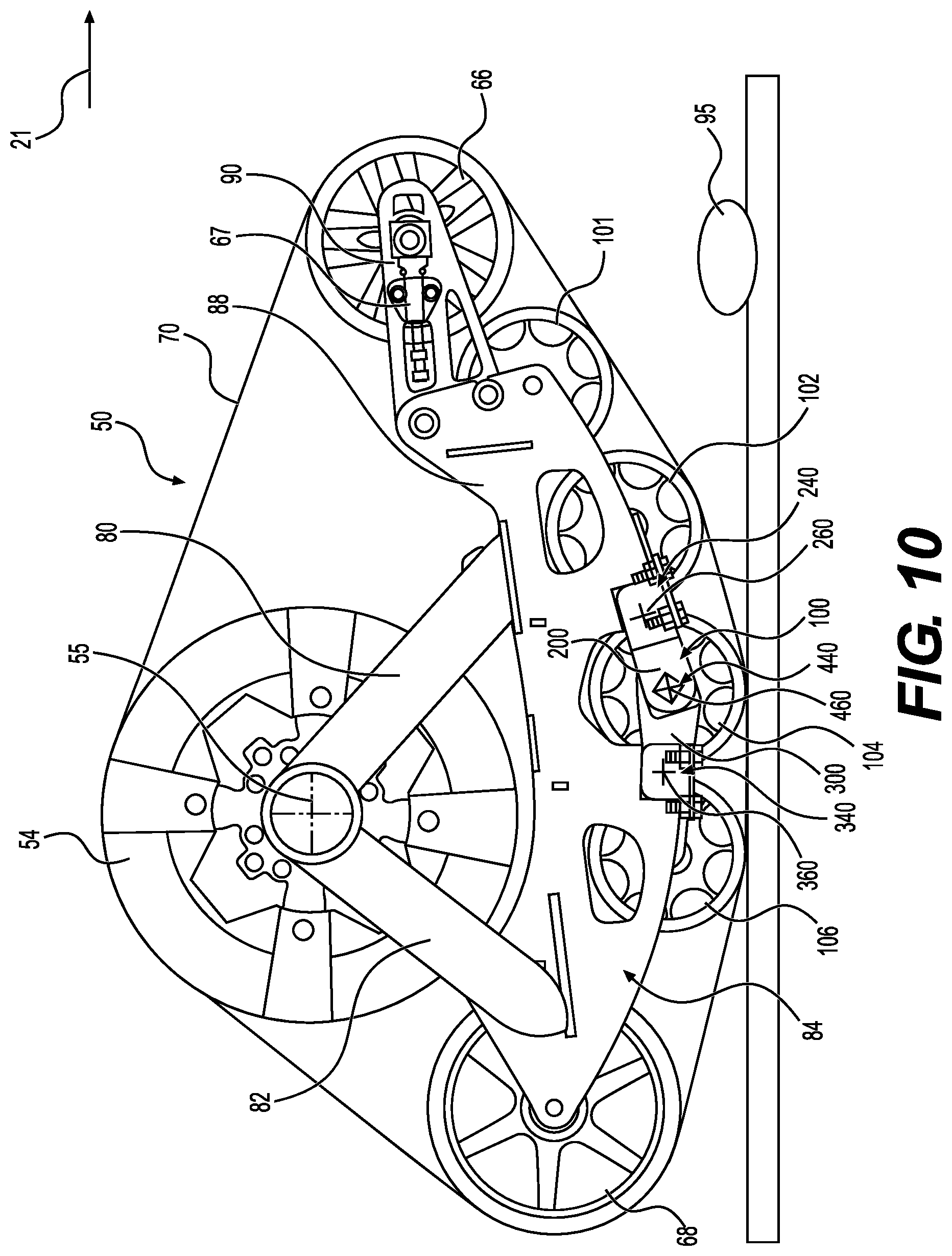 Patent US12304579 Figure 11 – Support structure for connecting a plurality of support wheel assemblies to a frame member of a track system and track system having the same