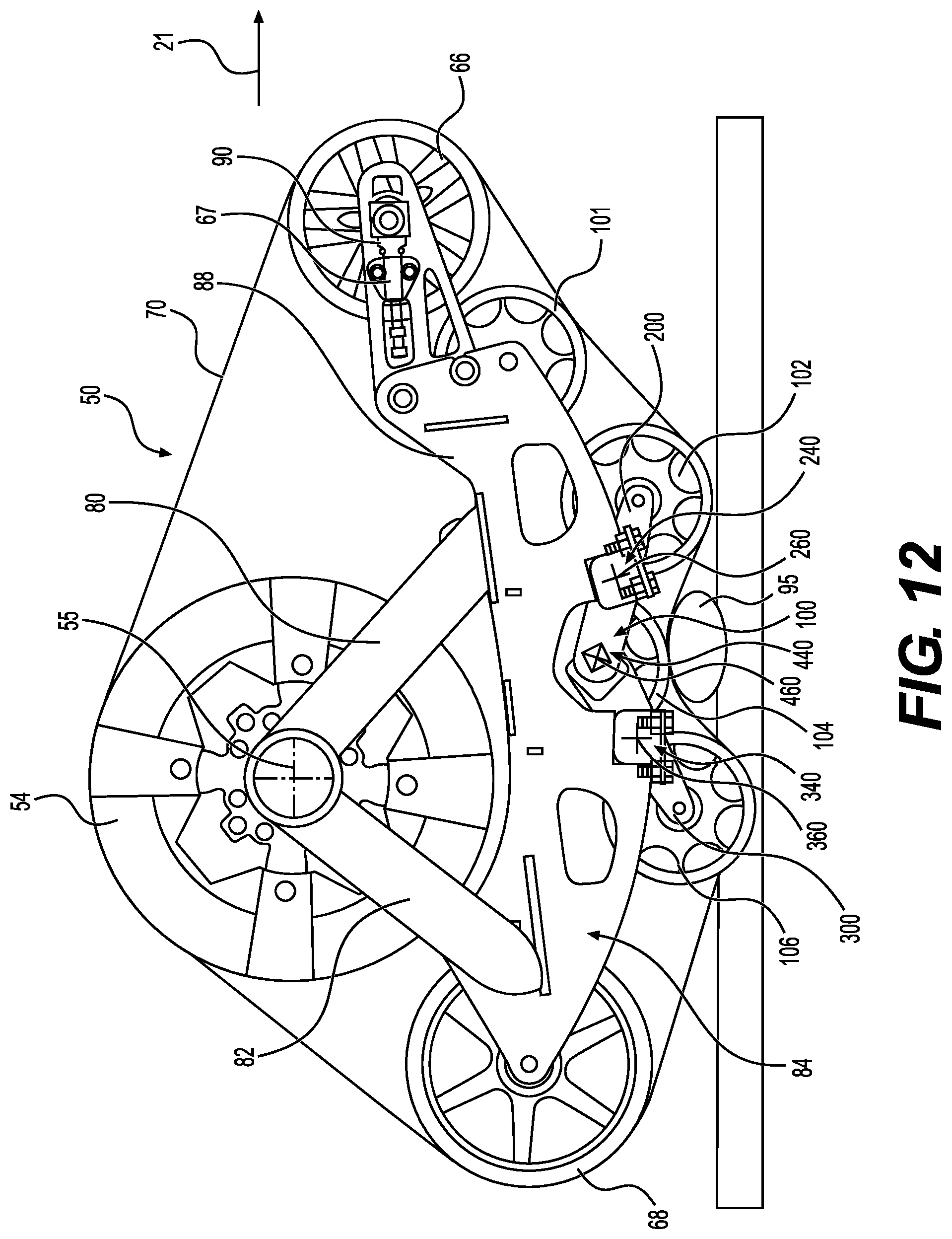 Patent US12304579 Figure 13 – Support structure for connecting a plurality of support wheel assemblies to a frame member of a track system and track system having the same