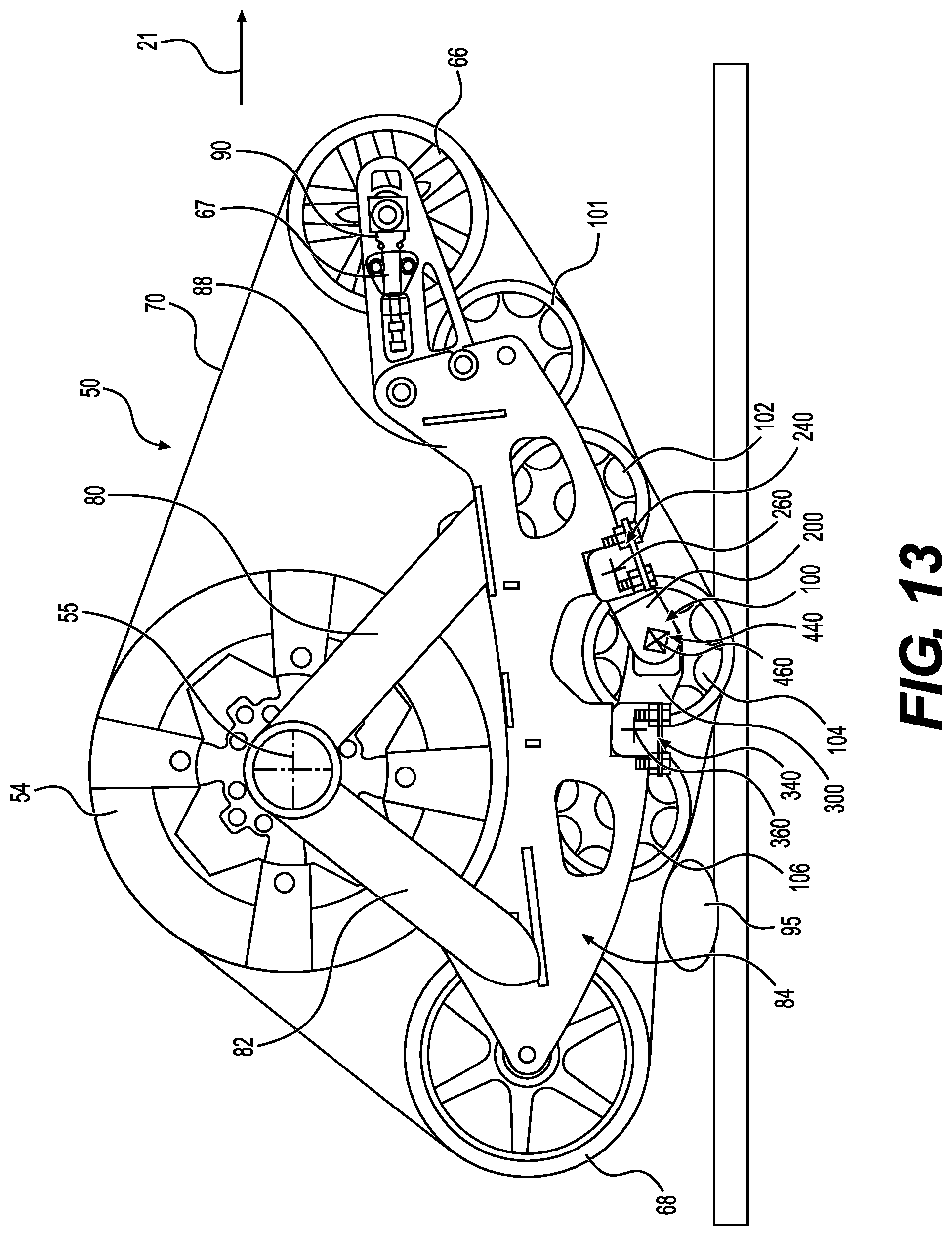Patent US12304579 Figure 14 – Support structure for connecting a plurality of support wheel assemblies to a frame member of a track system and track system having the same