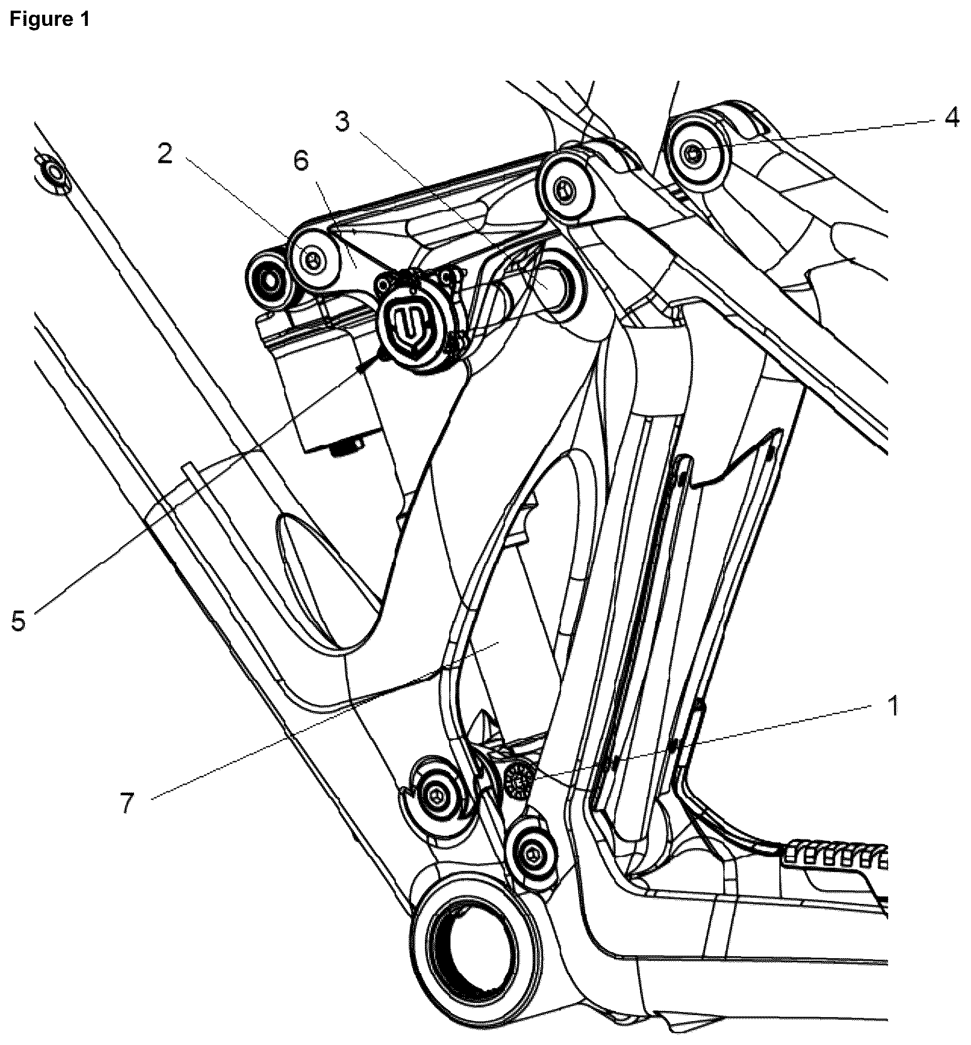 Patent US12304584 Figure 1 – Rear suspension device, system and method for a bicycle
