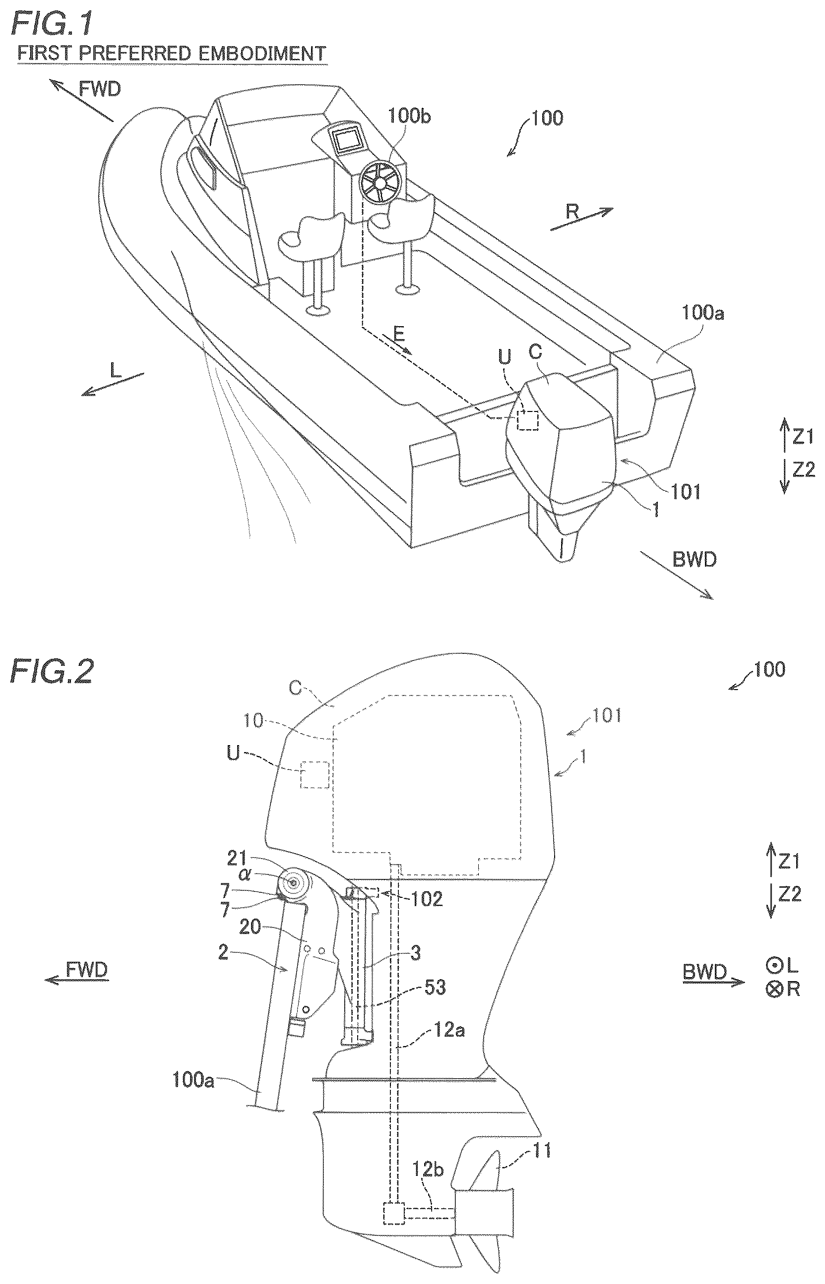 Patent US12304606 Figure 1 – Outboard motor and marine vessel