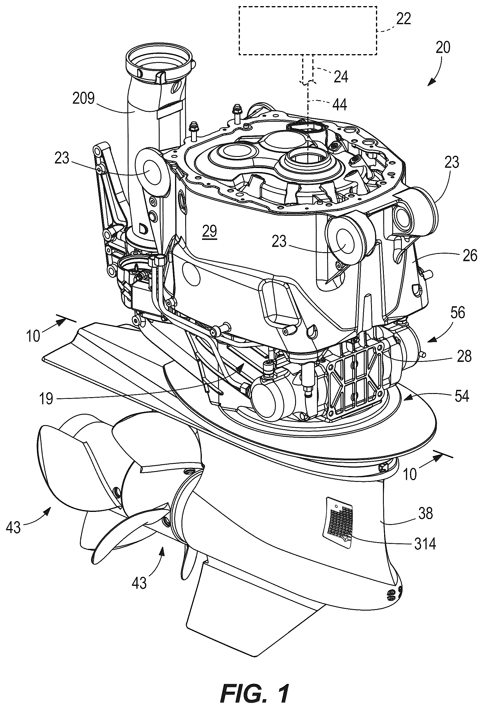 Patent US12304607 Figure 1 – Marine drives having steerable gearcase
