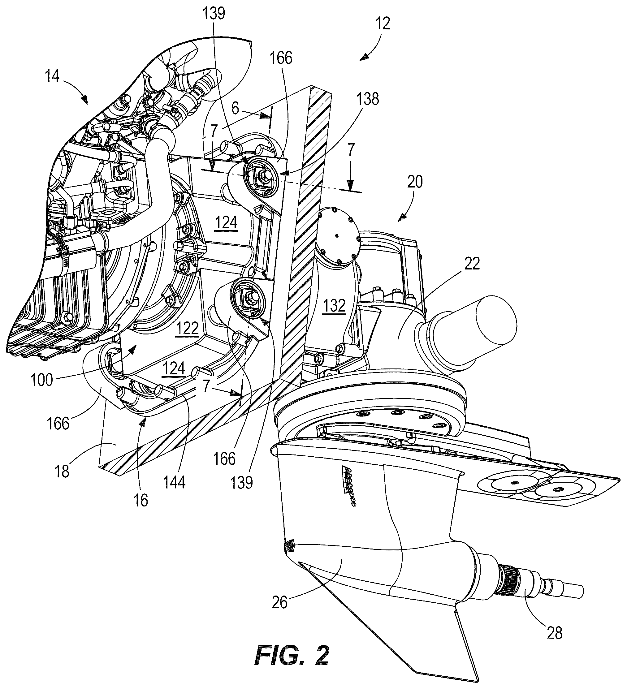 Patent US12304609 Figure 2 – Stern drives and transom bracket assemblies for stern drives providing vibration isolation