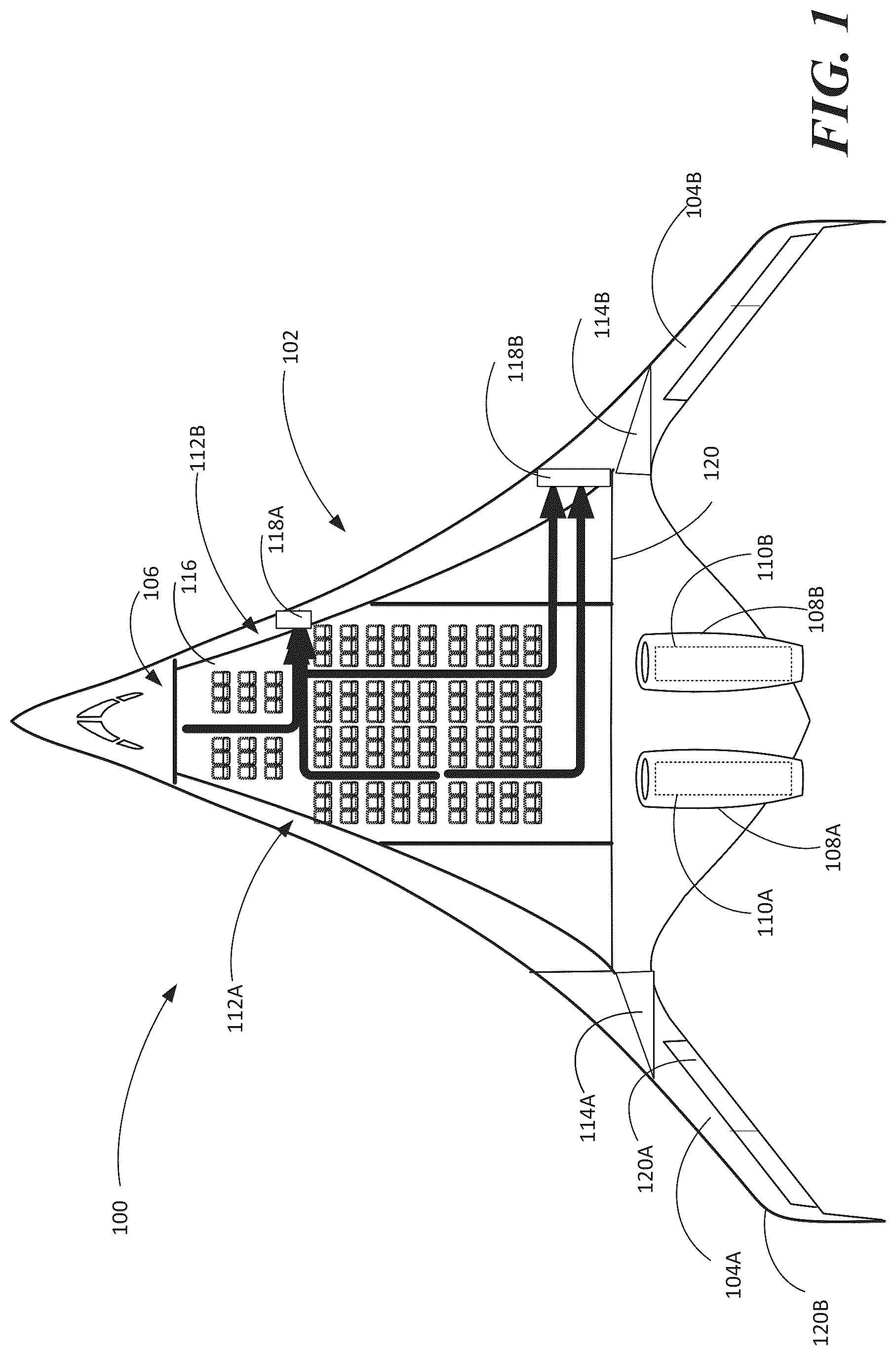 Patent US12304633 Figure 1 – Emergency egress in a blended wing body aircraft