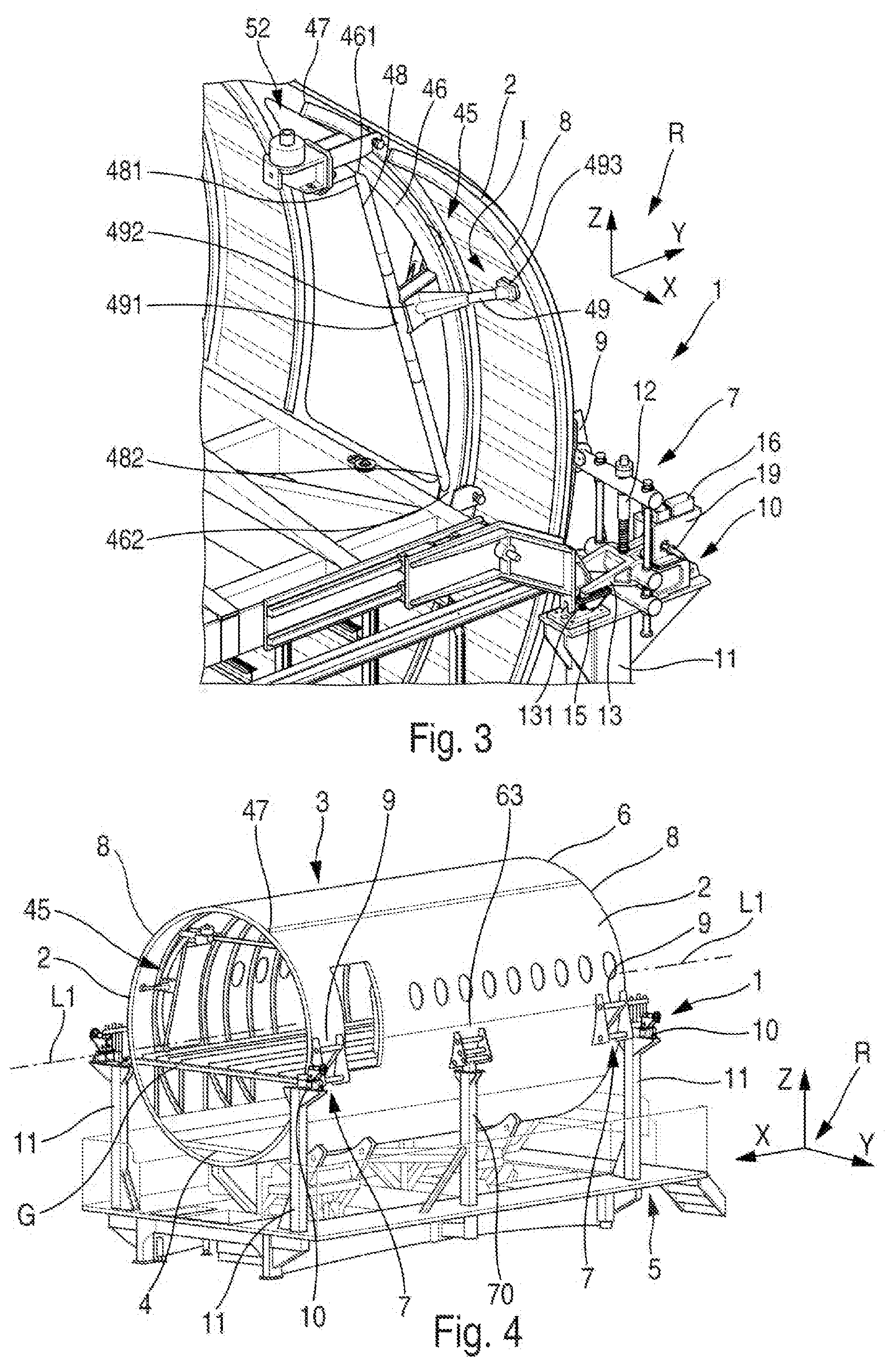 Patent US12304659 Figure 2 – System for handling a side shell of an aircraft with a view to assembling a fuselage barrel of the aircraft and method for assembling a fuselage barrel of an aircraft