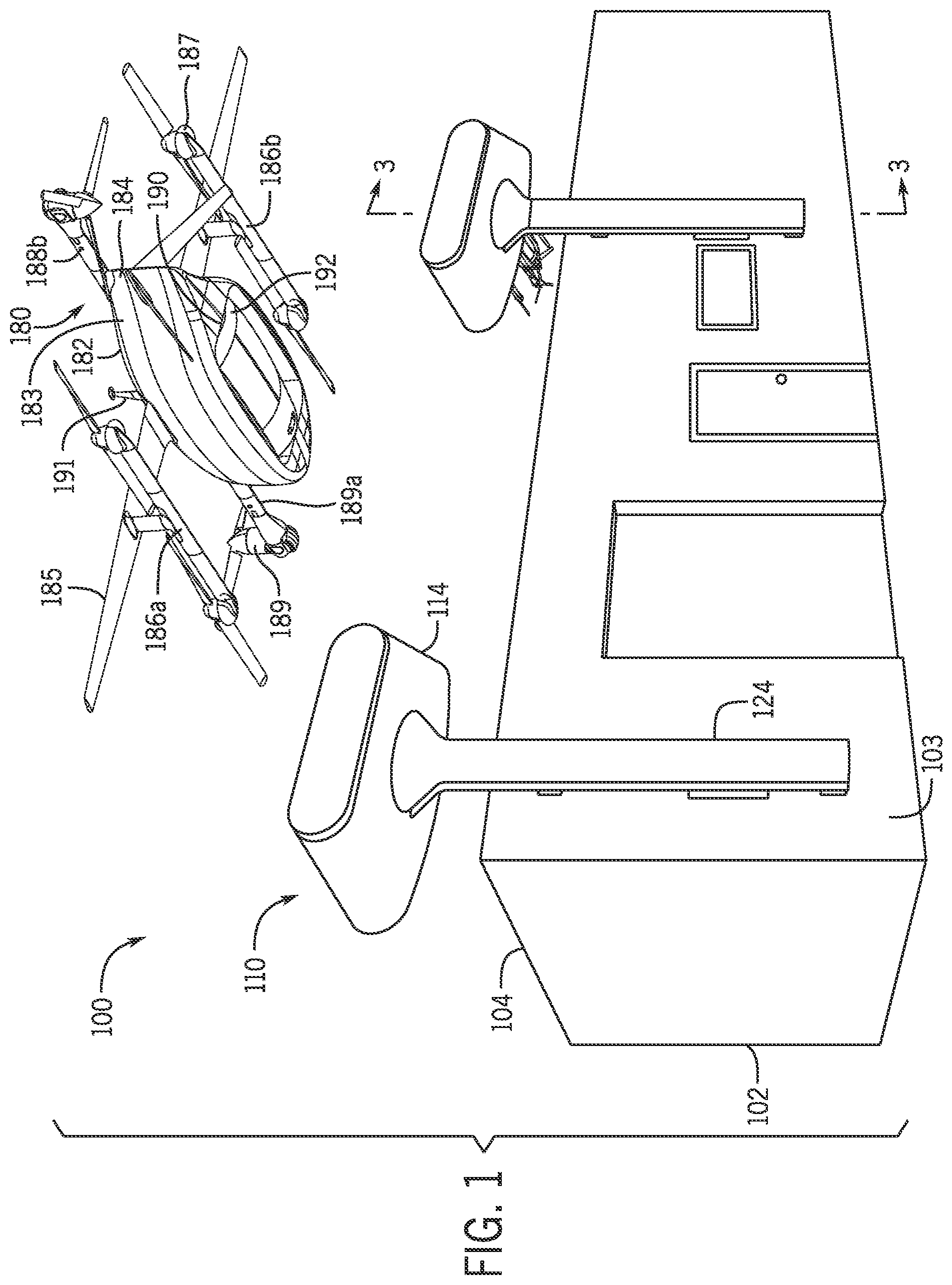 Patent US12304670 — Systems for unmanned aerial vehicle docking, storage, and loading — Figure 1