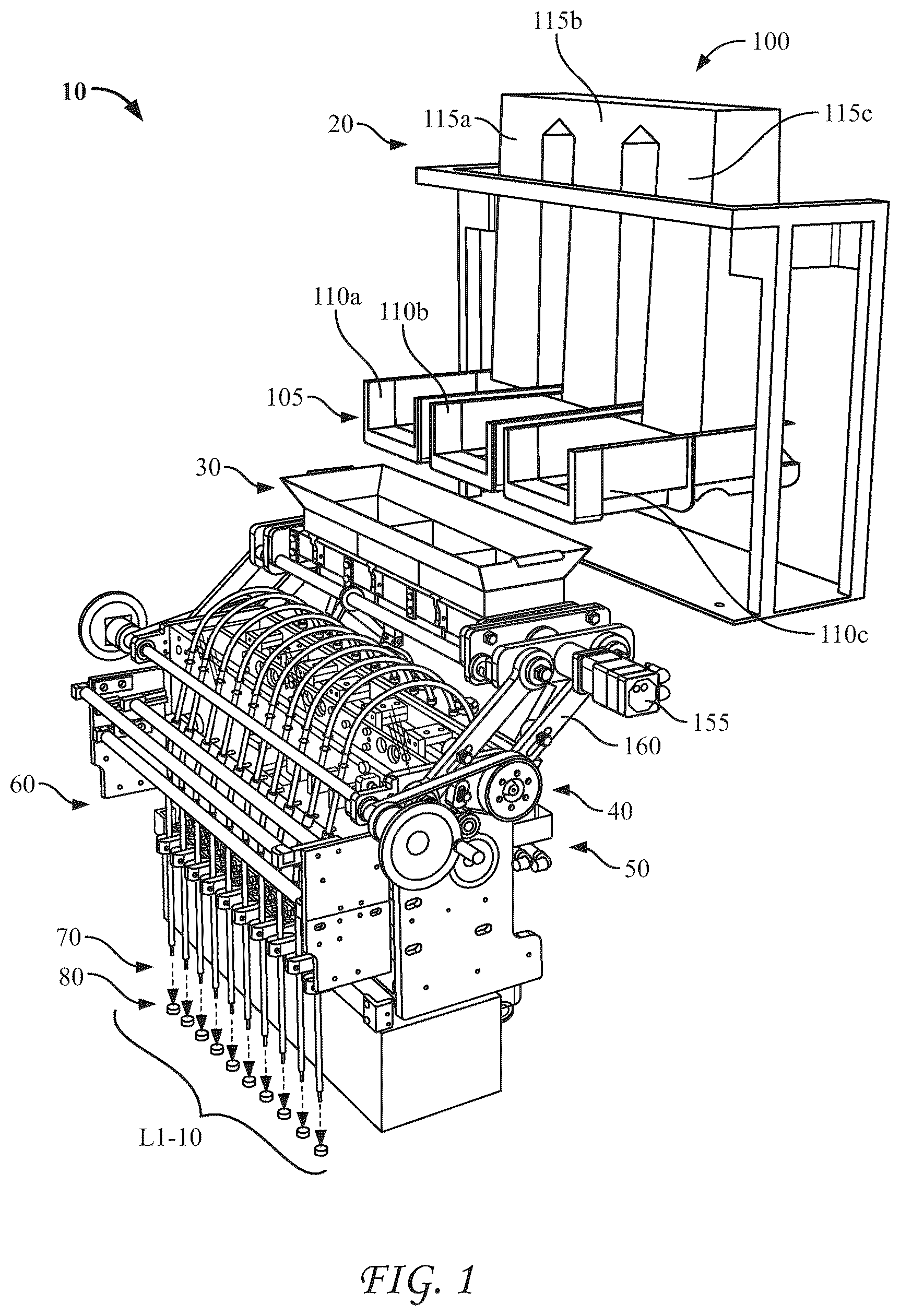 Patent US12304672 Figure 1 – Slide measuring system for filling pouches and associated method