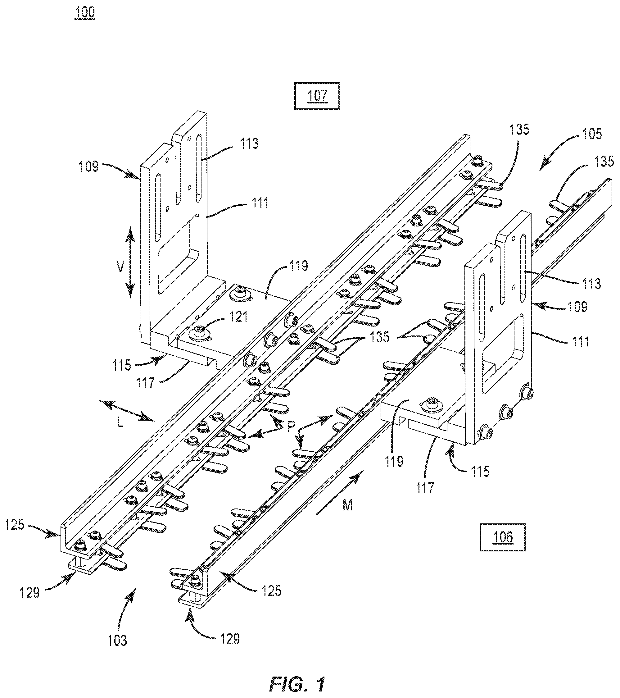 Patent US12304677 Figure 1 – Reconfigurable tray engaging assembly