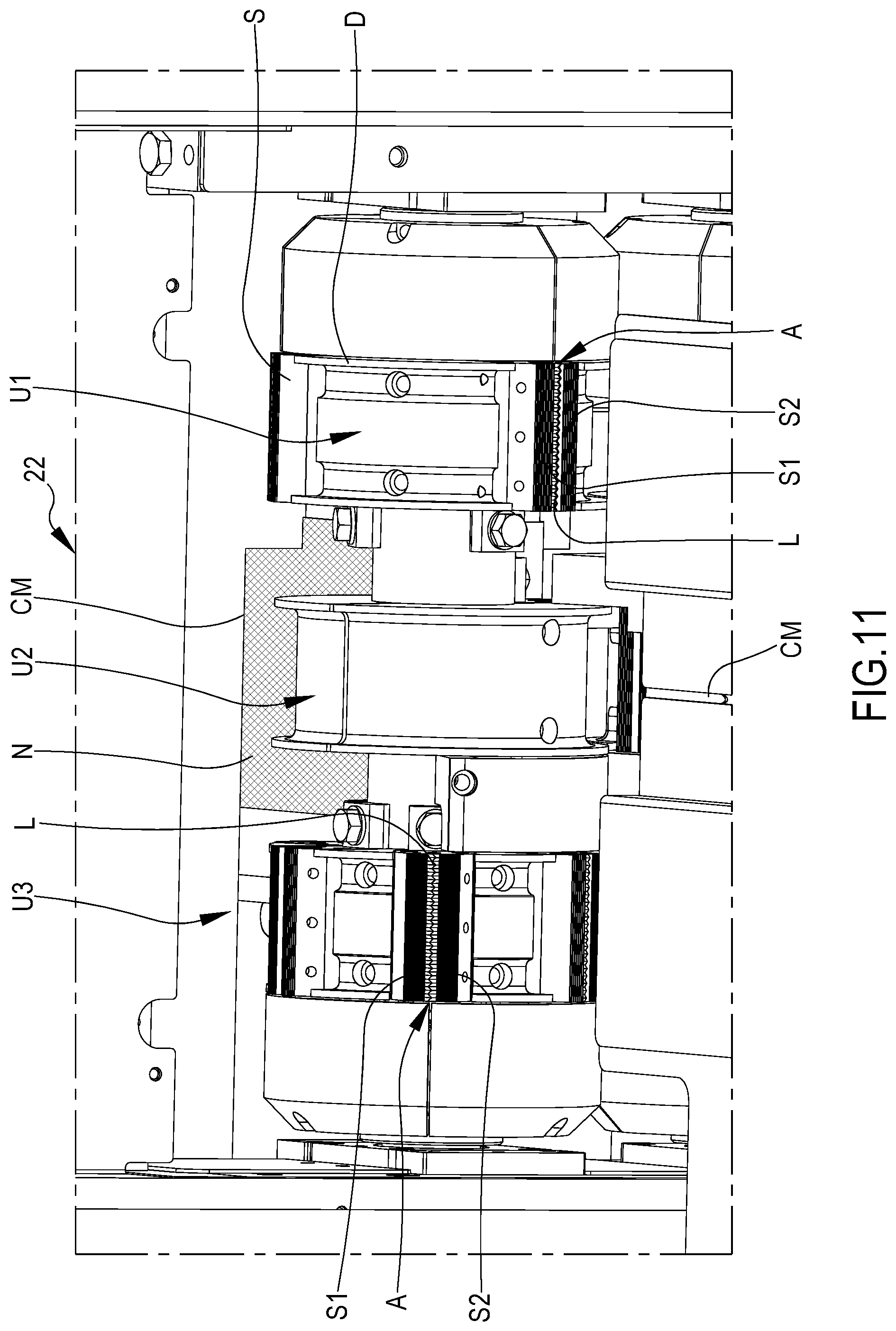 Patent US12304682 Figure 8 – Horizontal packaging machine with adjustable cut-sew group