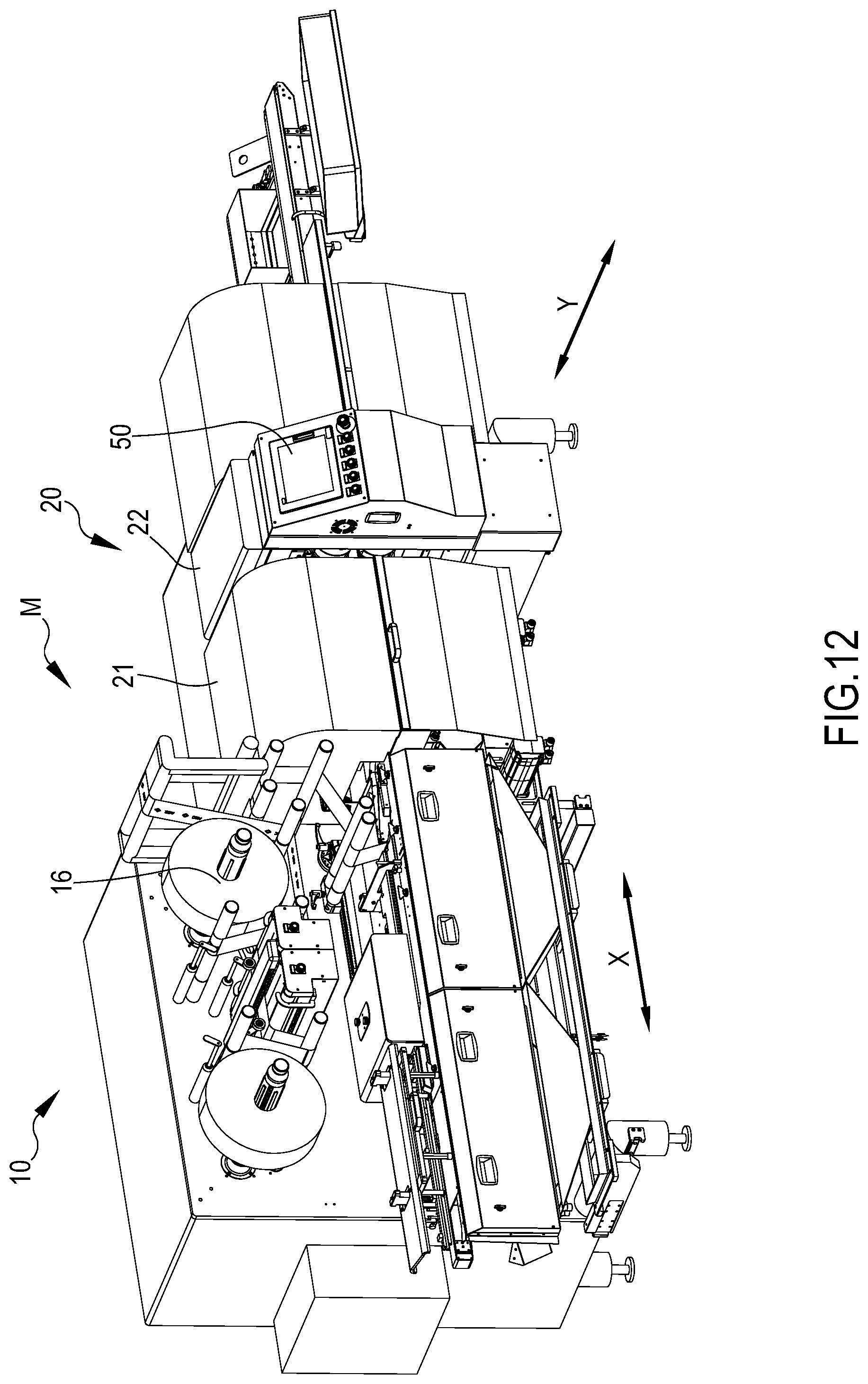 Patent US12304682 Figure 9 – Horizontal packaging machine with adjustable cut-sew group