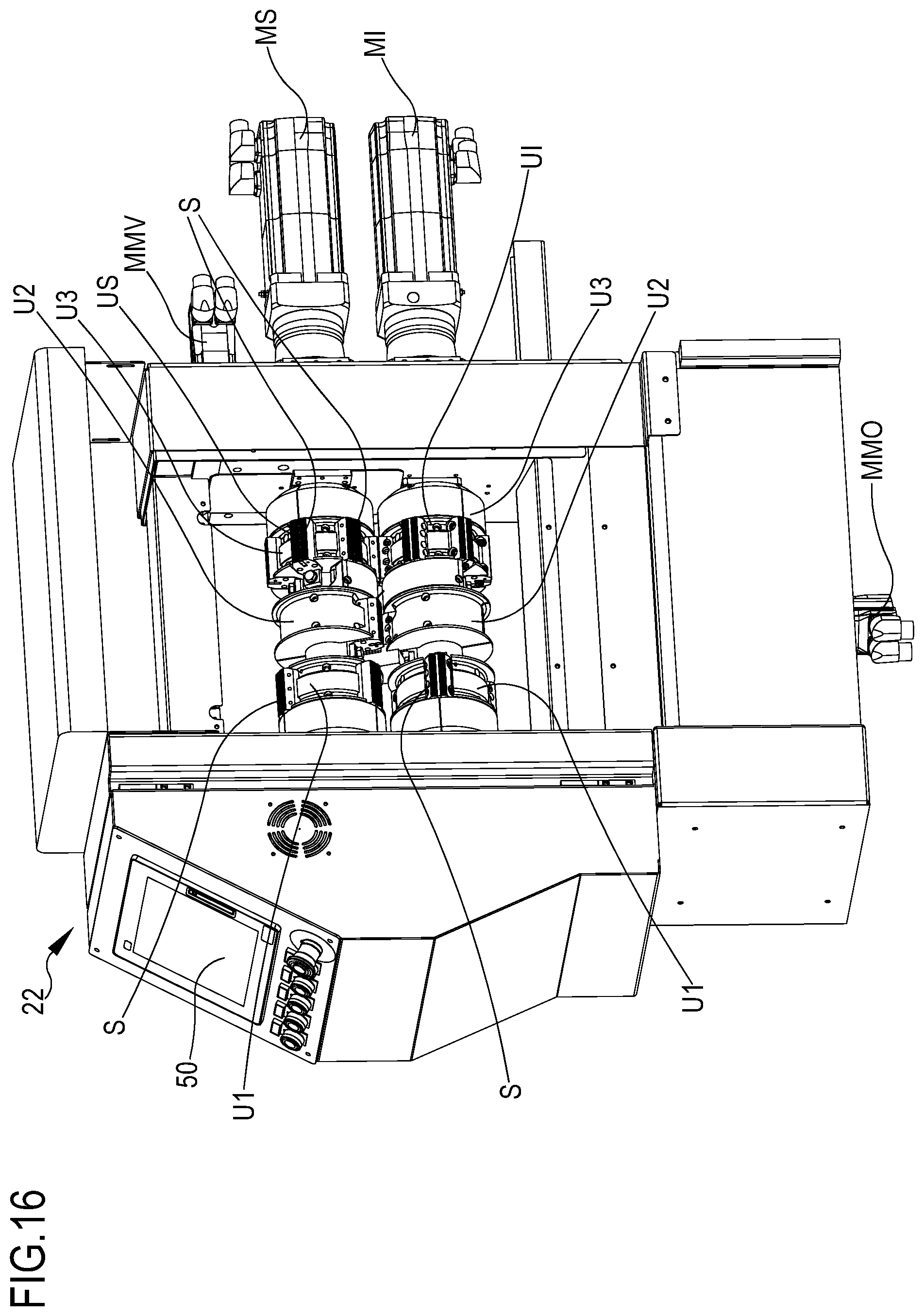 Patent US12304682 Figure 13 – Horizontal packaging machine with adjustable cut-sew group