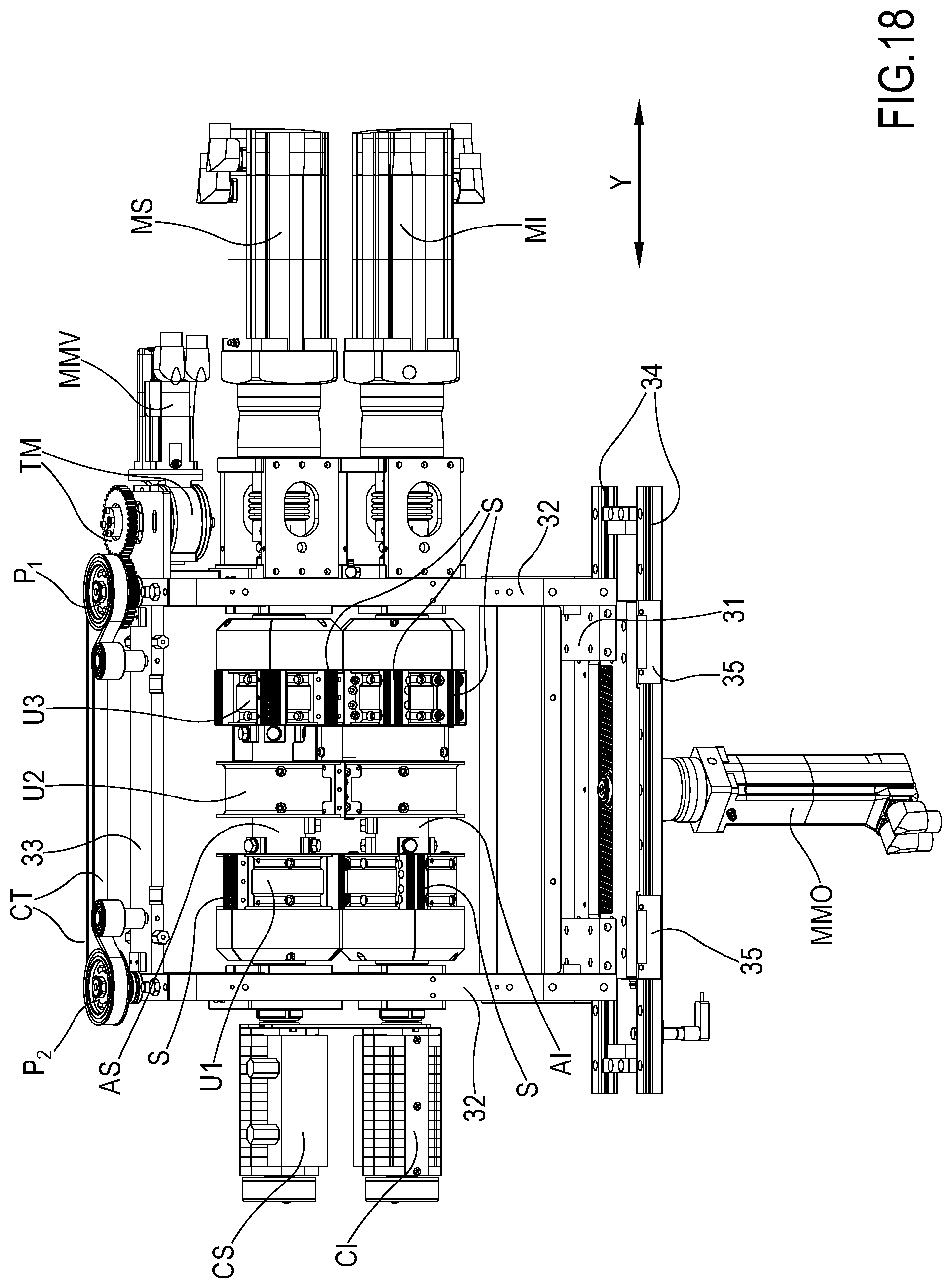 Patent US12304682 Figure 15 – Horizontal packaging machine with adjustable cut-sew group