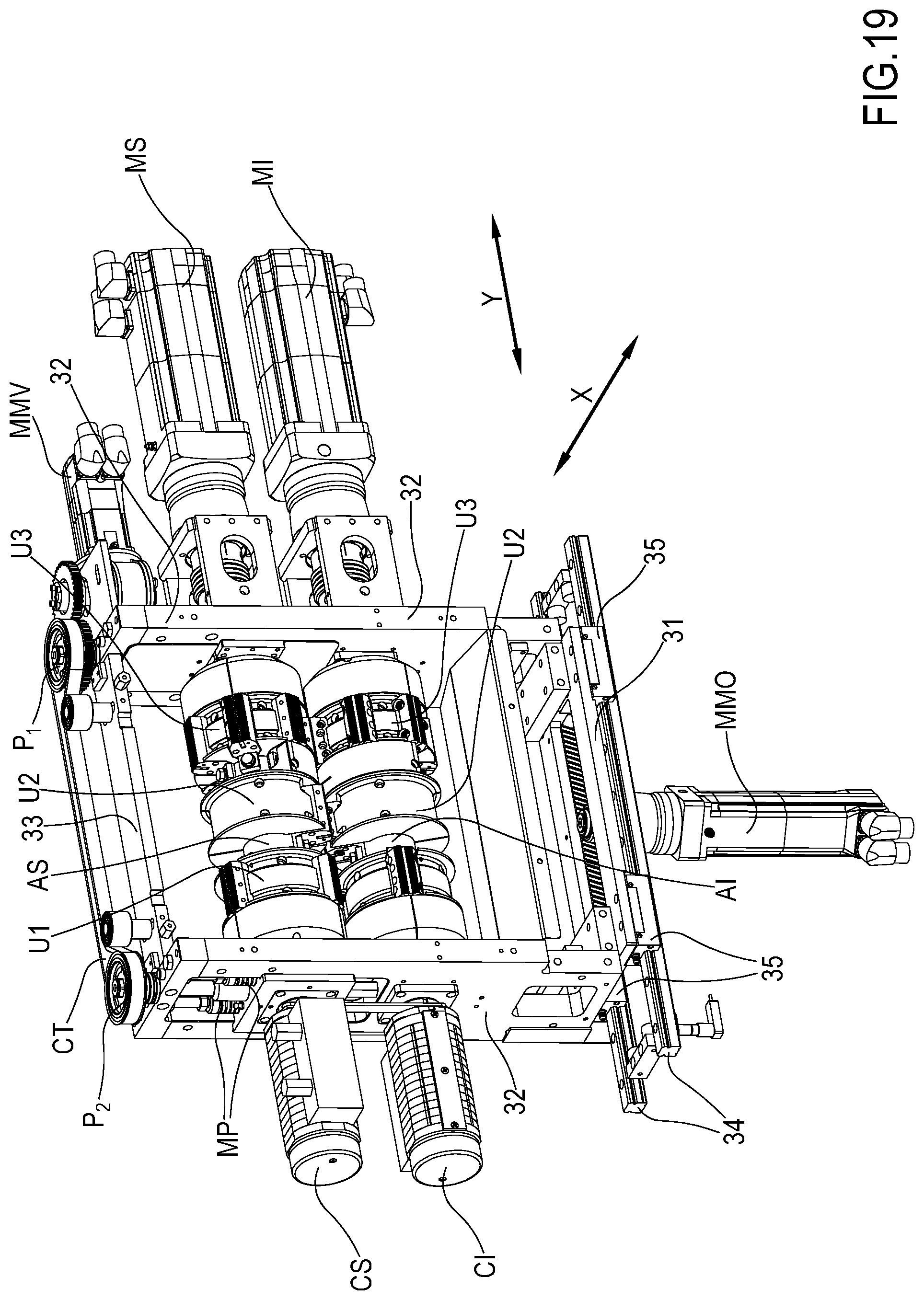 Patent US12304682 Figure 16 – Horizontal packaging machine with adjustable cut-sew group
