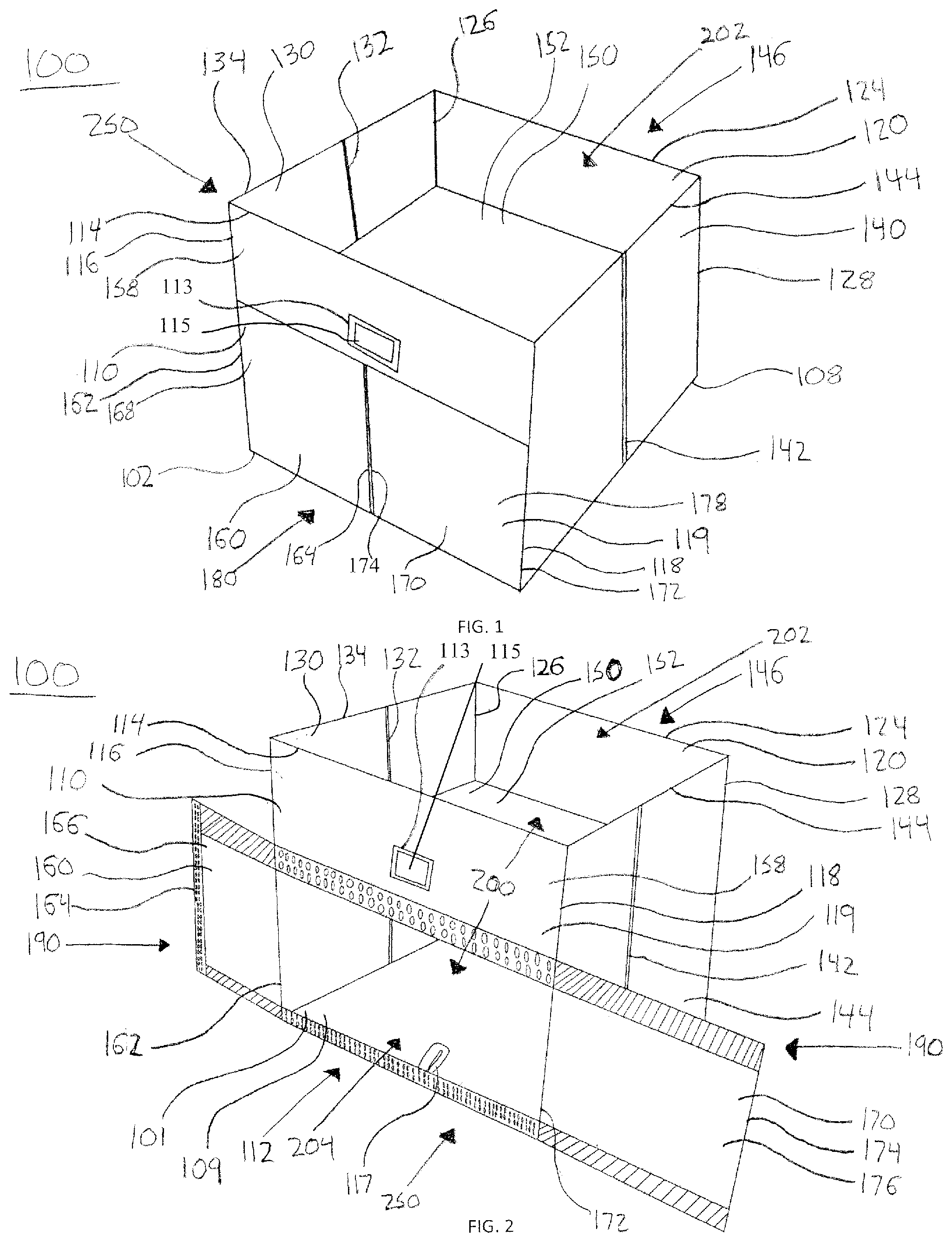 Patent US12304689 Figure 1 – Multi-compartment collapsible storage container