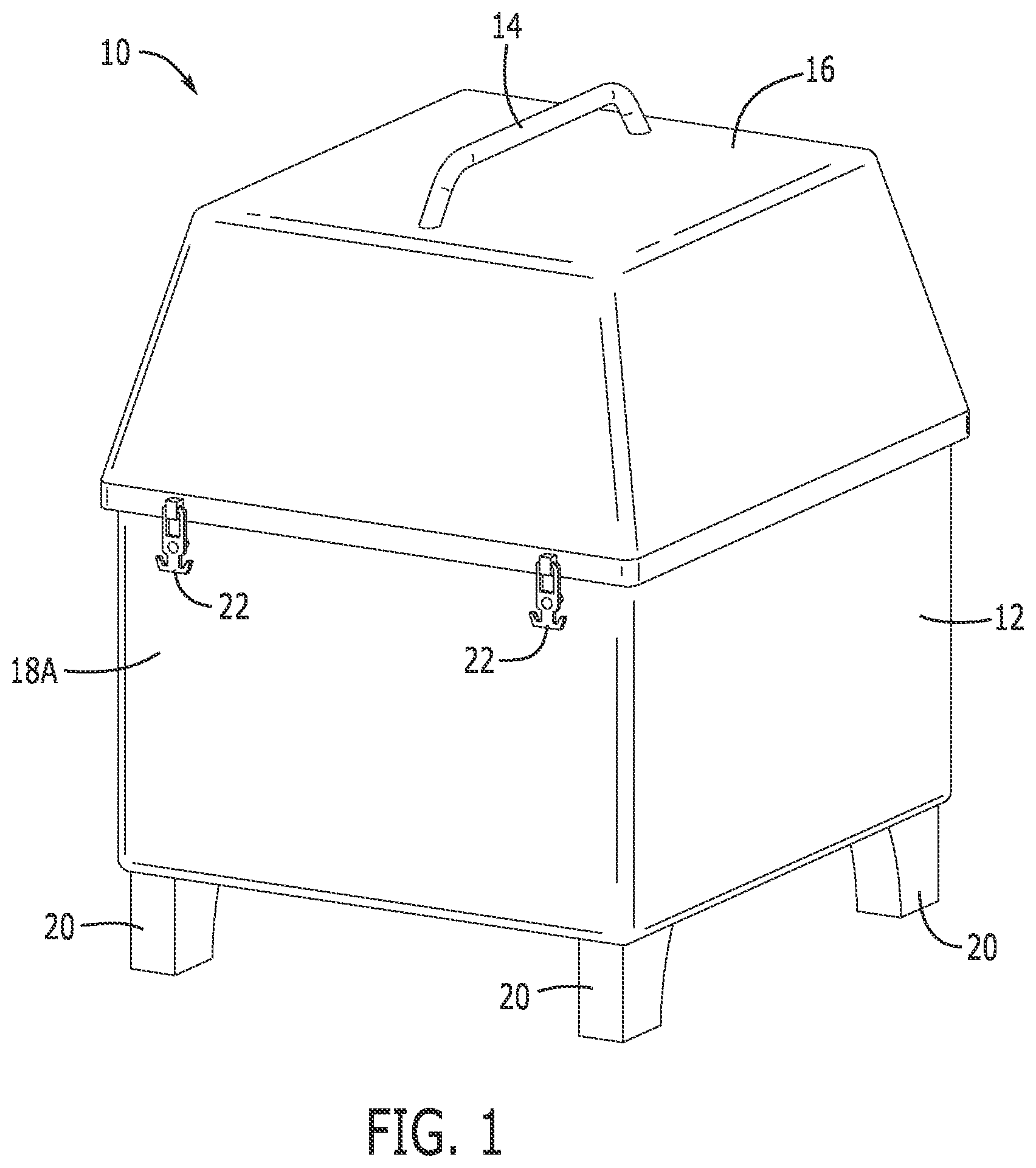 Patent US12304690 Figure 1 – Nautical fiberglass container to store and protect maritime dewatering pump and storage spill kits