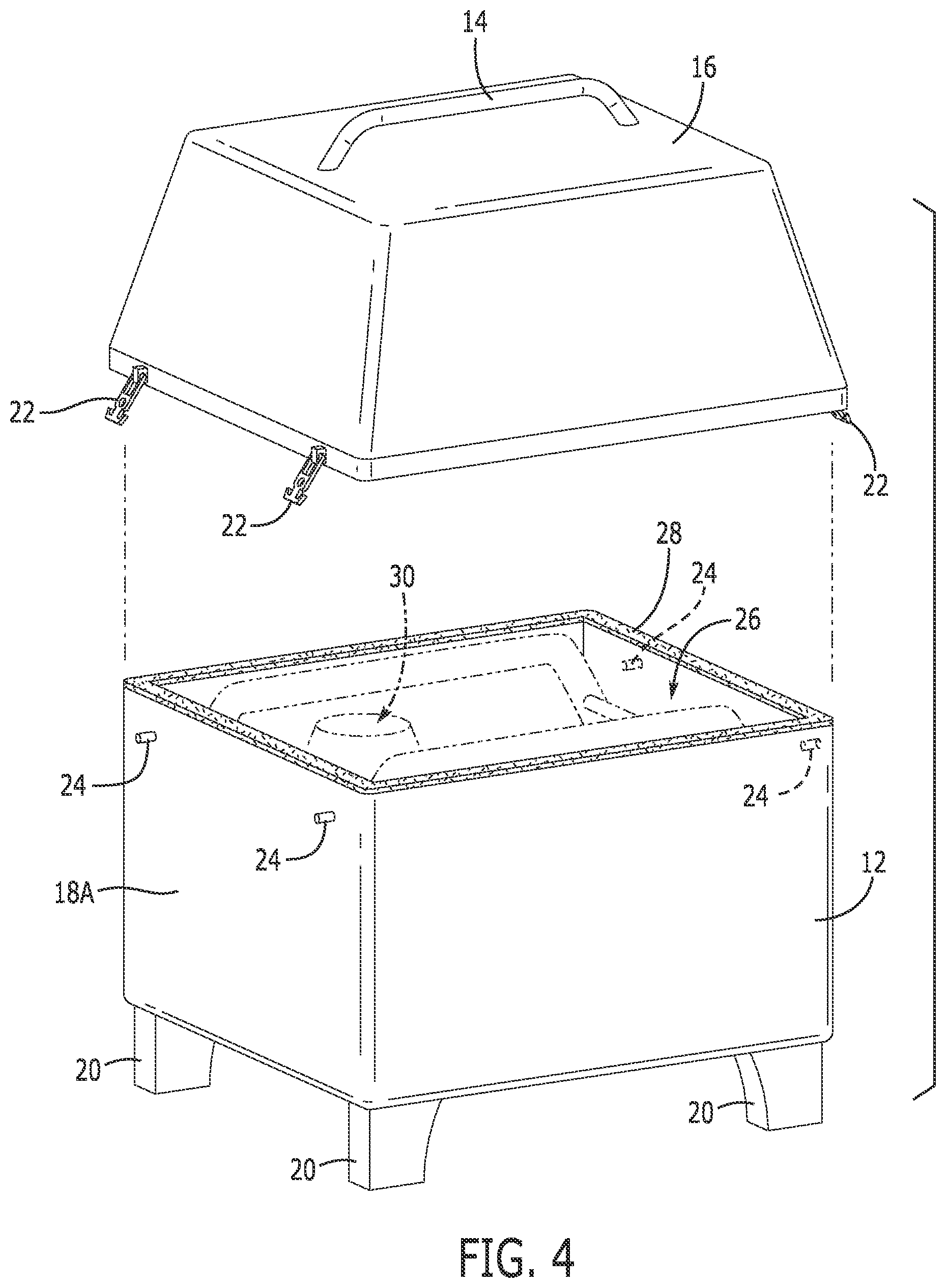 Patent US12304690 Figure 4 – Nautical fiberglass container to store and protect maritime dewatering pump and storage spill kits