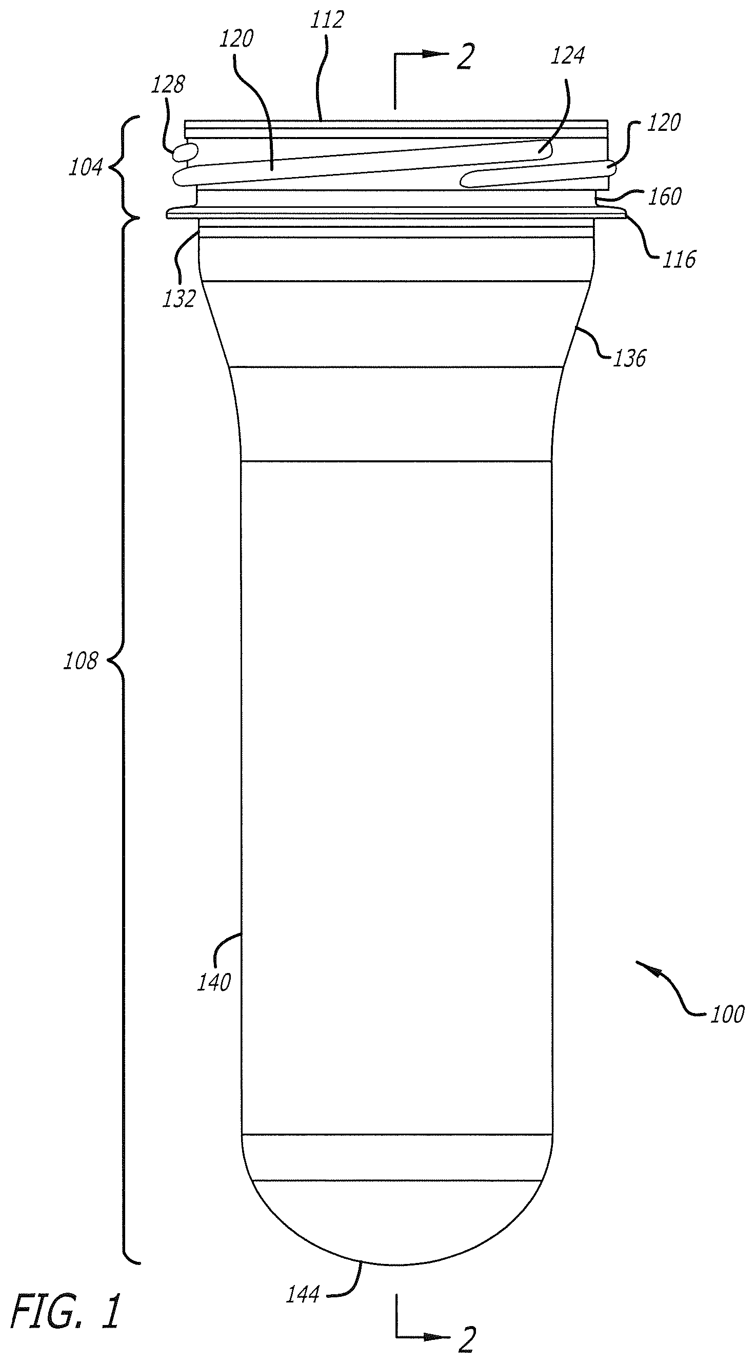 Patent US12304698 Figure 1 – Threaded tamper evidence finish and closure for container