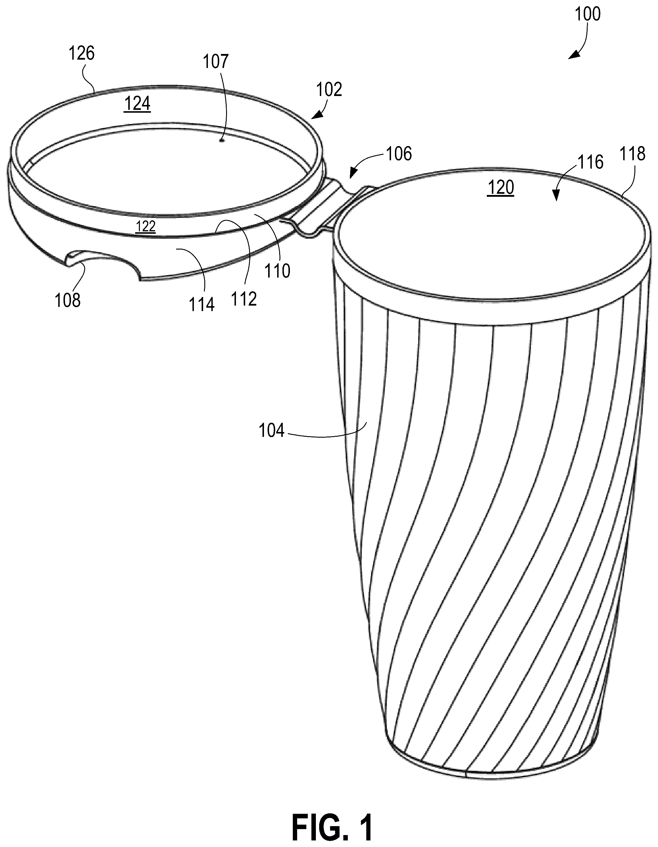 Patent US12304701 Figure 1 – Recyclable coffee cup with integrated lid