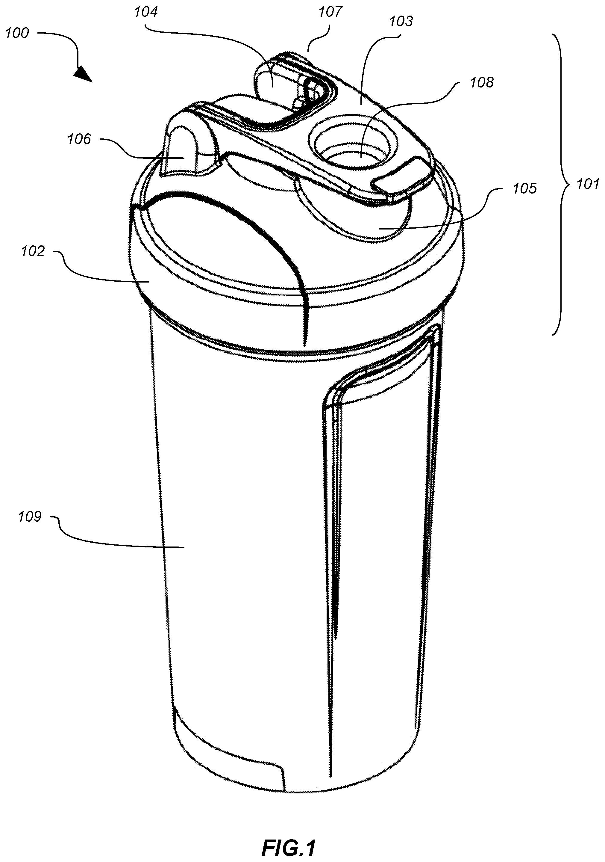 Patent US12304703 Figure 1 – Container lid with flip cap and nesting carry loop