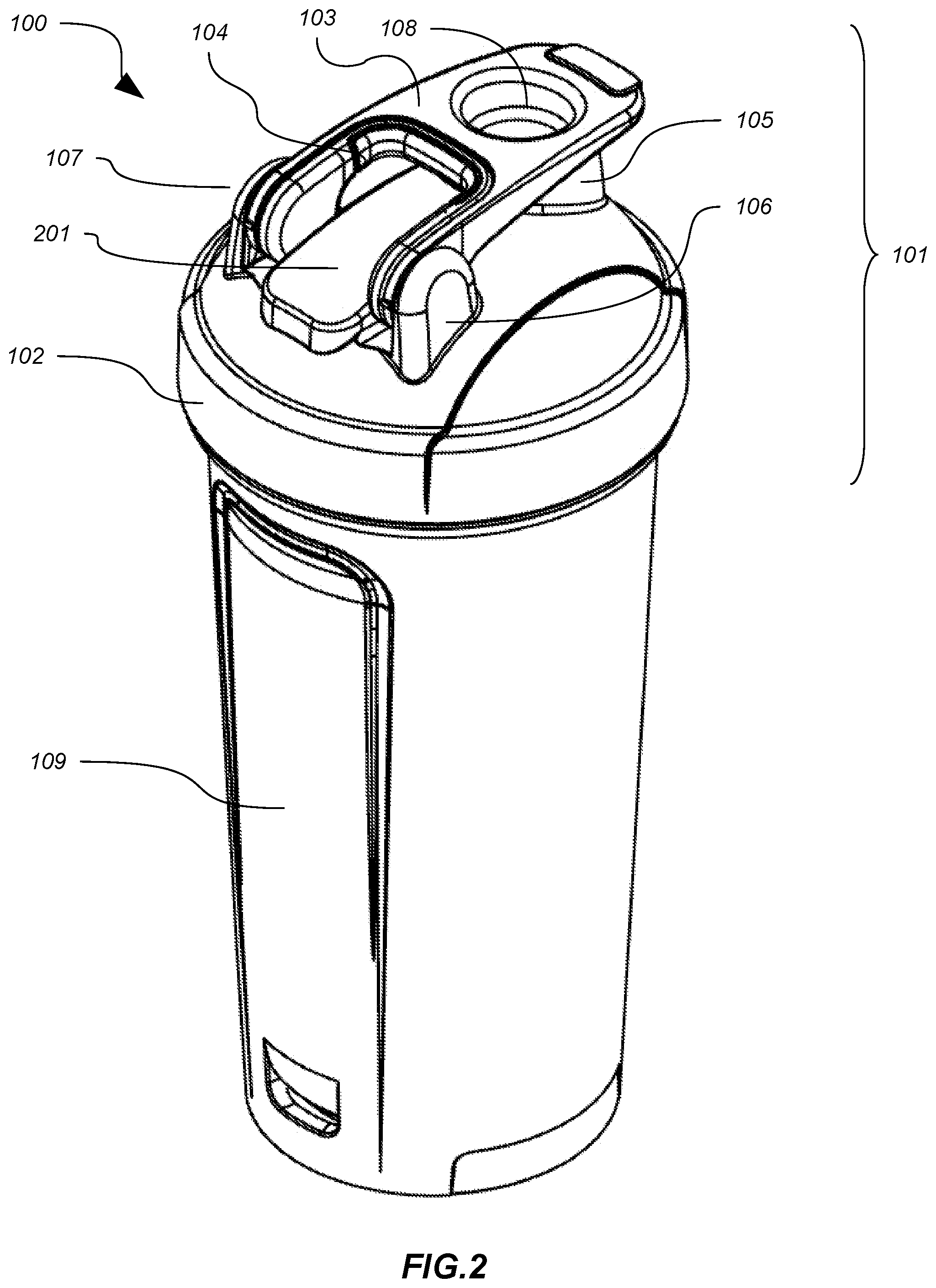 Patent US12304703 Figure 2 – Container lid with flip cap and nesting carry loop